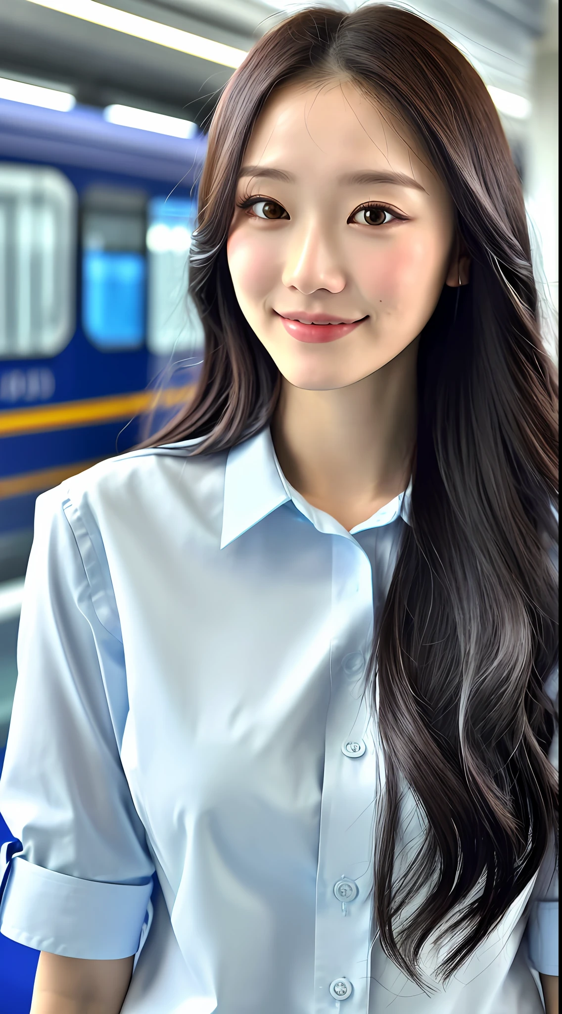 expressive hair, light makeup, large breast size, a slight smile, a shirt with rolled sleeves, a skytrain, clear facial features, shooting at eye level, shaking, UHD, masterpiece, super detail, highest quality, high resolution, 16k,