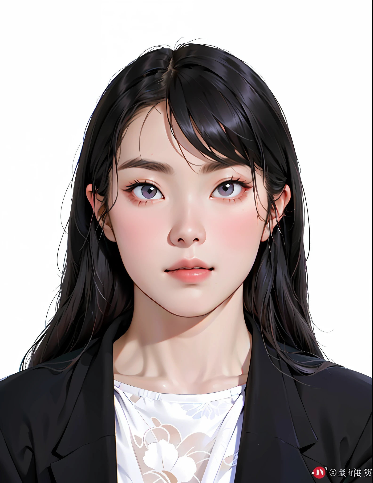 Masterpiece, ID photo, nice looking asian woman, white background, black suit, long hair, big eyes, cute mouth, beauty, close-up of a woman with long hair wearing black jacket, headshot photo, professional profile picture