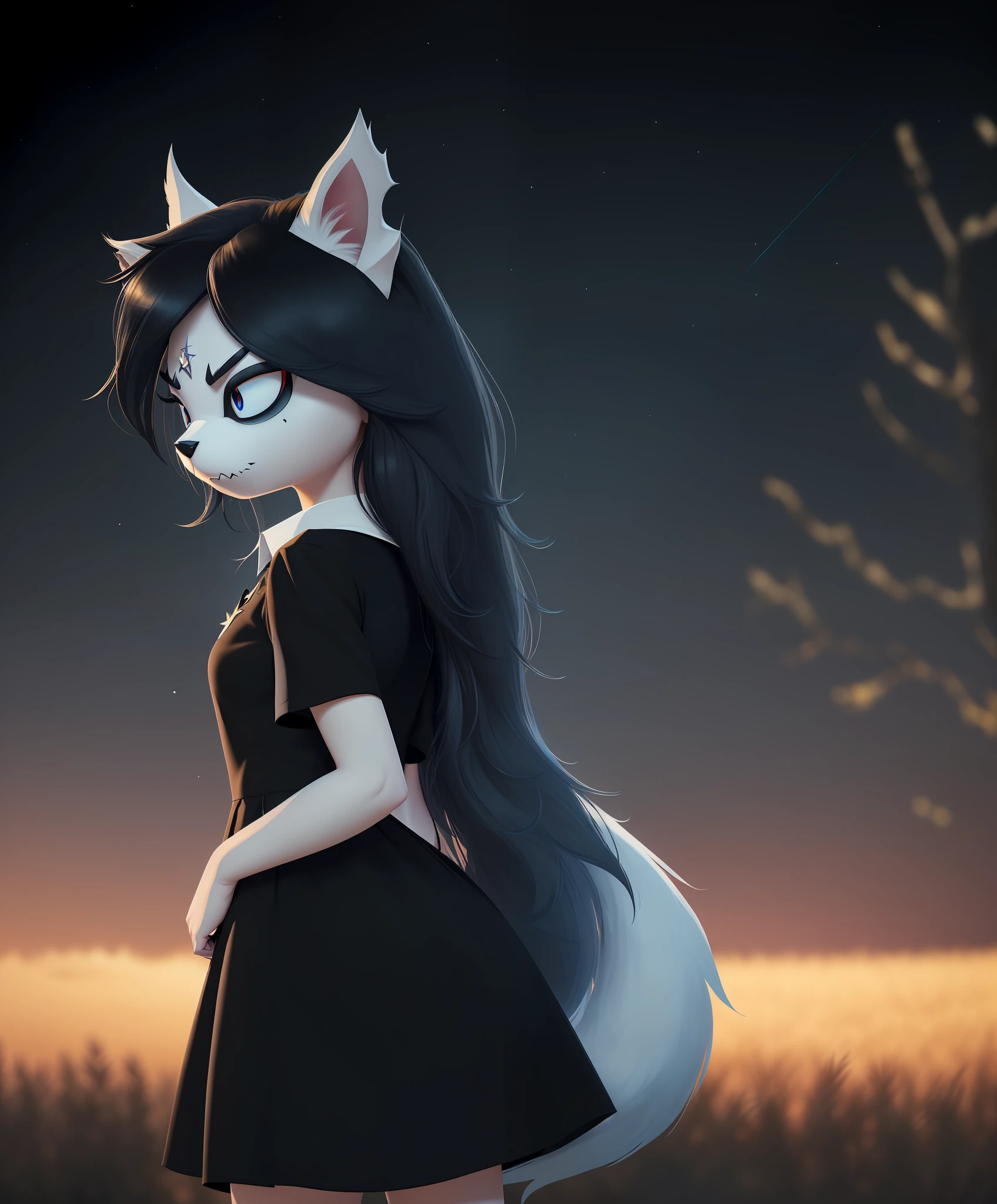 [Claire], [Uploaded on e621.net; (mayosplash), (pixelsketcher)], ((furry; anthro cat girl)), ((high definition)), ((solo portrait)), ((full body)), ((behind view)), ((detailed shading)), ((raytracing)), ((ambient lighting)), {(anthro cat woman; white fur, pointed cat ears, (cat snout; black nose), long blue messy hair, (black pentagram on forehead), small black slit eyes, young woman's body), (black white-collared dress; flowing in the wind, short sleeves), black goth heel boots}, ((angry; half-closed eyes, short eyelashes, looking ahead, turning around), standing in field), [background; (open field; dark trees, starry night sky, full moon)]