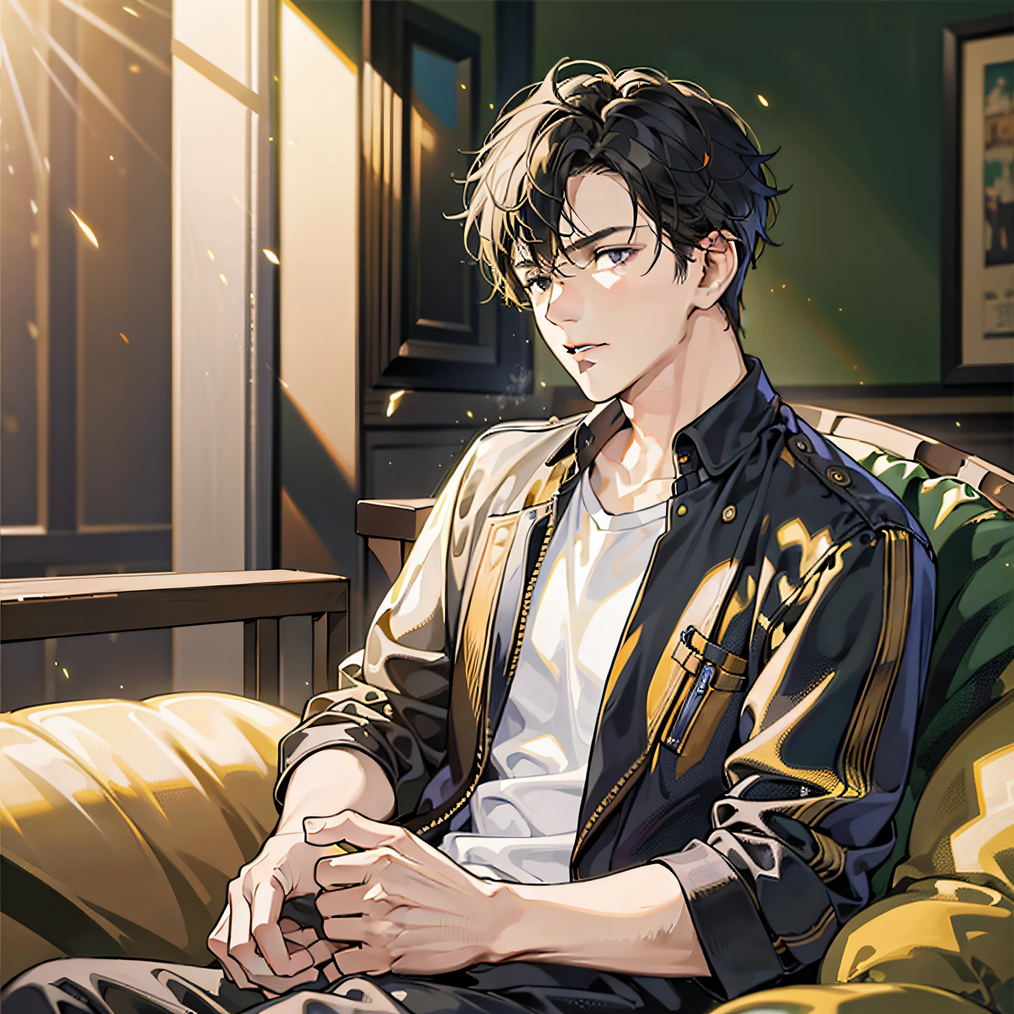 In a high-end bar, a middle-aged man with yellow and black hair, in his 30s, wearing casual clothes, his face is plain, revealing a high-class momentum, sitting on the sofa in the corner, thinking about problems, the picture quality is super high, the movie texture, the masterpiece