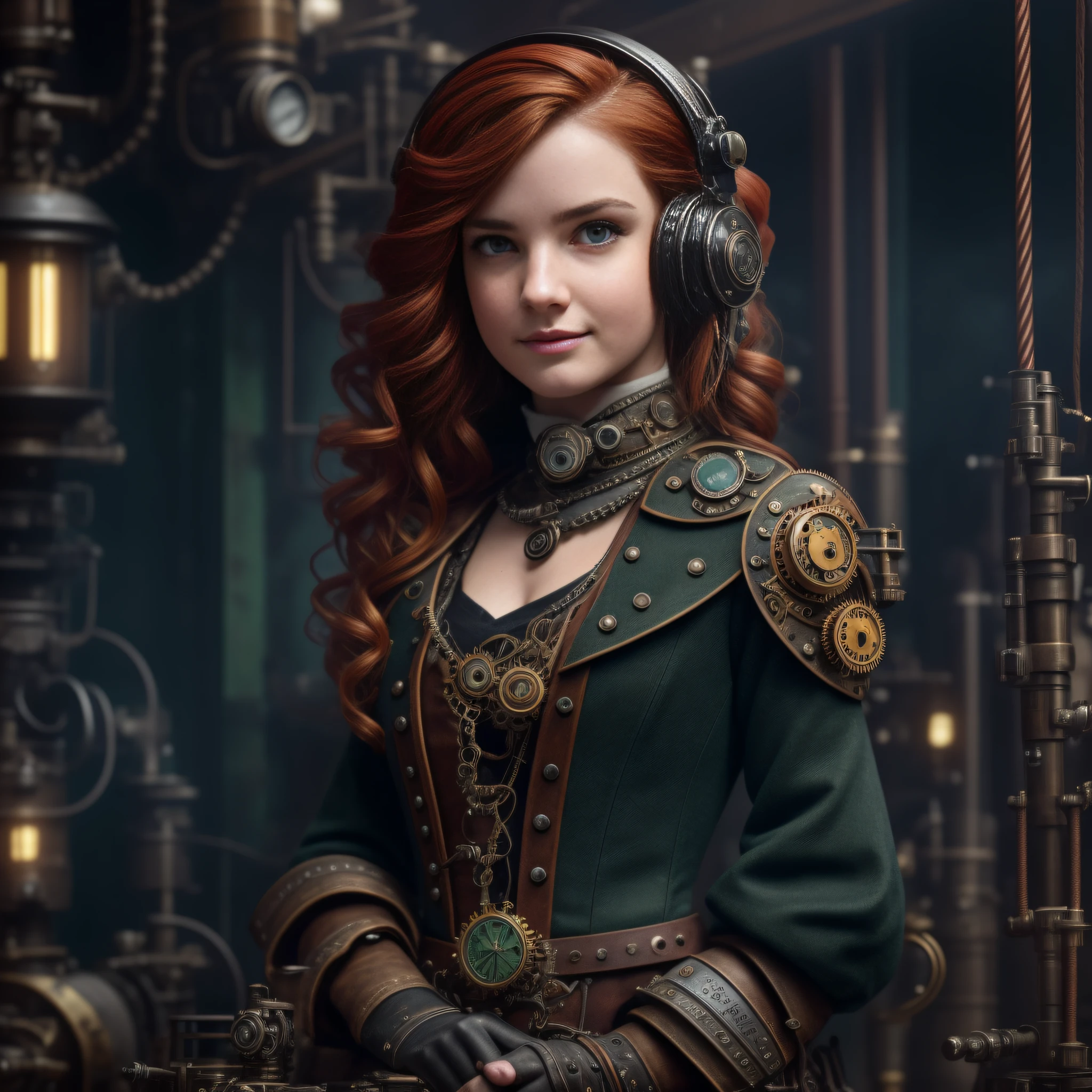 (a 19 yo girl, (Ana de Armas:0.45), (redhead:1.1)), cute smile, (perfect eyes:1.1), photorealistic wavy hair, steampunk jumpsuit, intercom headset, steampunk choker, long leather boots, perfect detailed face, detailed symmetric green eyes with circular iris, fixing a steam engine in the steampunk garage filled with steam and smoke, onvex lenses, intricate, hdr, intricate details, detailed, cinematic, cogs and gears, steamy background with lots of steam pipes and steam valves and pressure gauges and gears, realistic, stunning realistic photograph, 3d render, octane render, cinematic, Isometric, Centered, hyperealistic cover photo, awesome full color, 12k, high definition, portrait featured on unsplash, smooth, ultra high definition, 8k, ultra sharp focus, intricate artwork, masterpiece, ominous, epic, highly detailed, warm cinematic, araffe woman in a light gray uniform sitting on a machine, young girl in steampunk clothes, in a steampunk laboratory, girl with warship parts, steampunk inventor girl, in a steampunk world, woman in a dark factory, steampunk fantasy style, steampunk , steampunk aesthetic