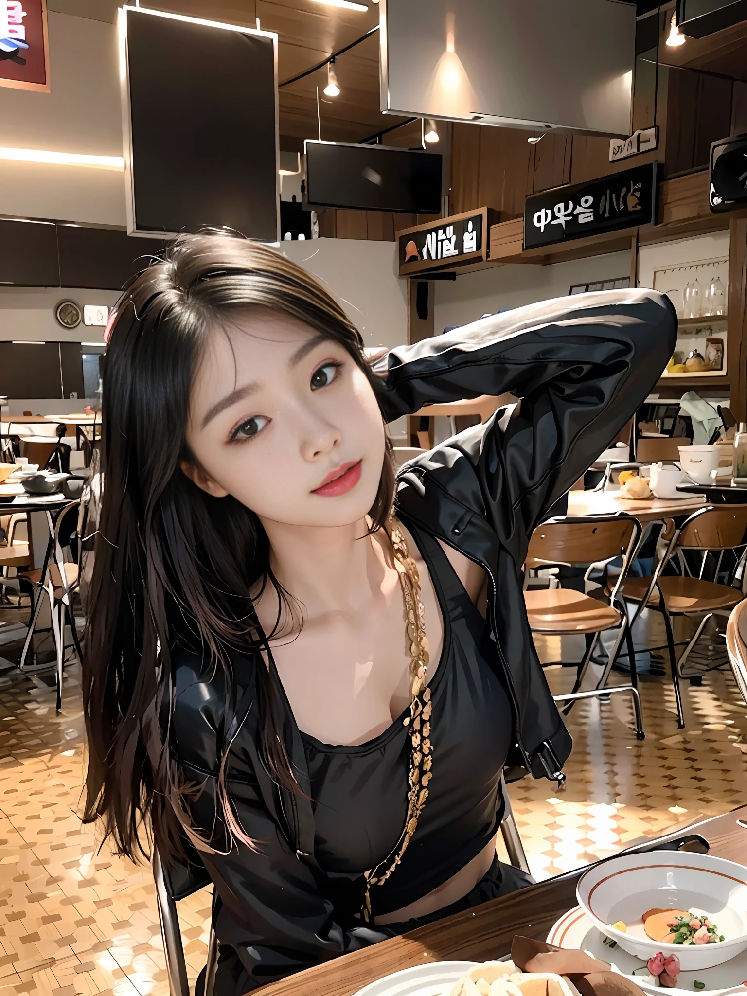 woman sitting at a table with a plate of food in front of her, 19-year-old girl, korean girl, gorgeous young korean woman, xintong chen, chinese girl, xision wu, good young girl, handsome girl, beautiful south korean woman, a young asian woman, she is about 20 years old, she is about 2 0 years old