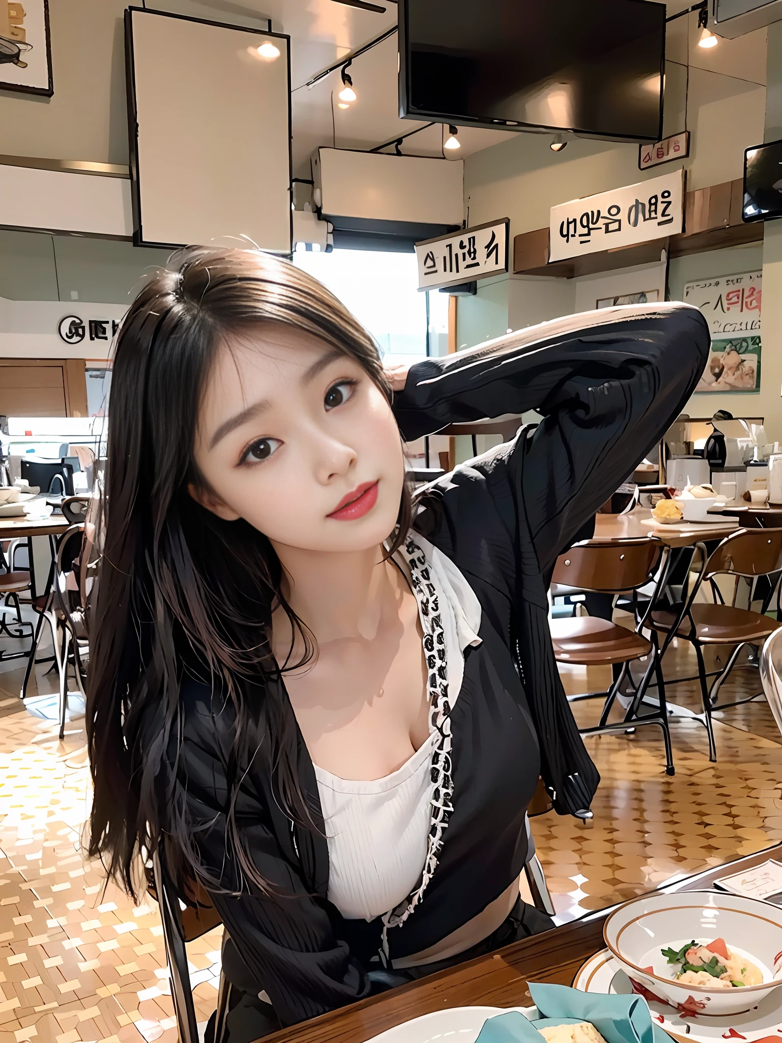 woman sitting at a table with a plate of food in front of her, 19-year-old girl, korean girl, gorgeous young korean woman, xintong chen, chinese girl, xision wu, good young girl, handsome girl, beautiful south korean woman, a young asian woman, she is about 20 years old, she is about 2 0 years old