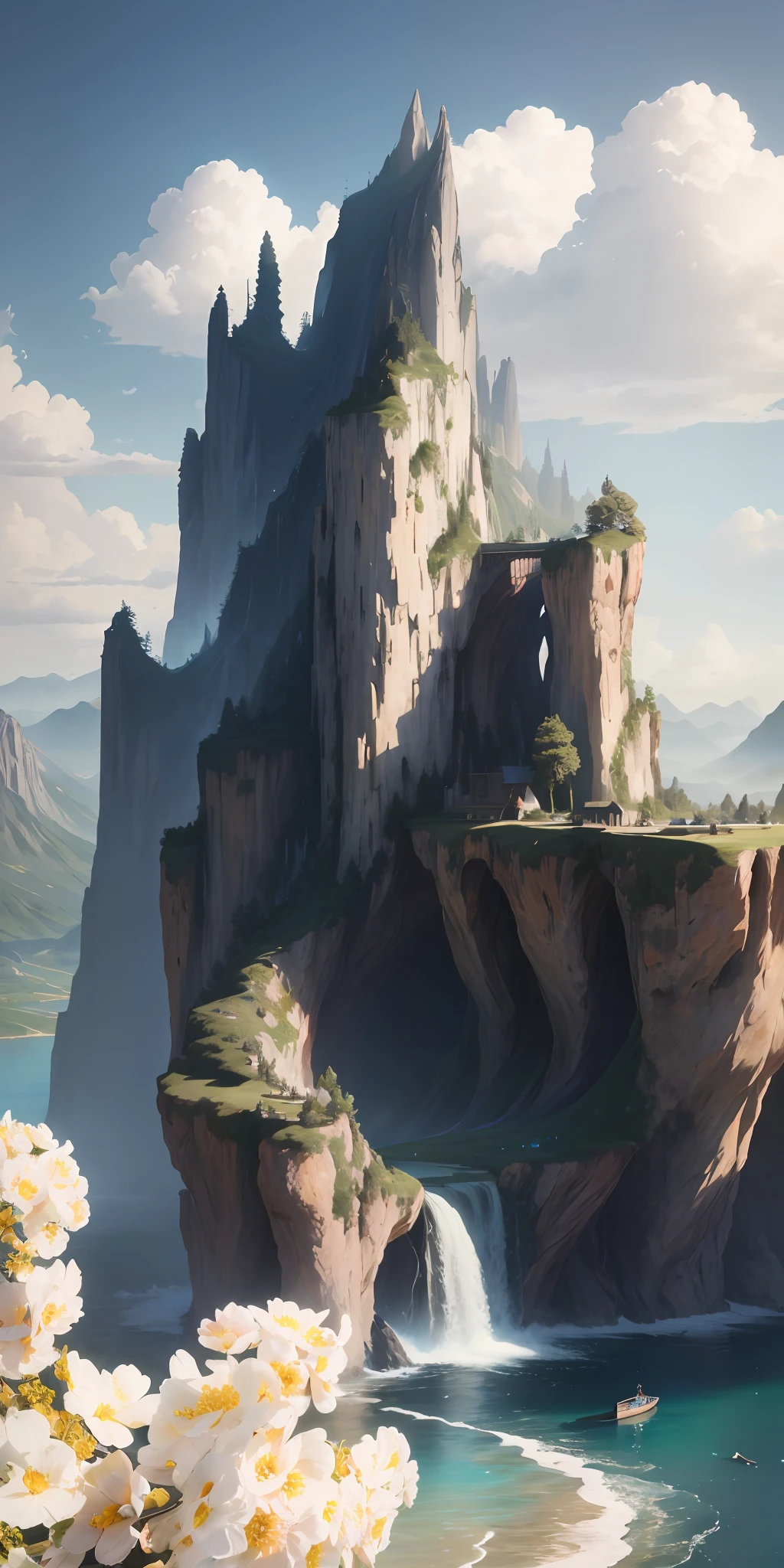 masterpiece, best quality, high quality, extremely detailed CG unity 8k wallpaper, scenery, outdoors, sky, cloud, day, no humans, mountain, landscape, water, tree, blue sky, waterfall, cliff, nature, lake, river, cloudy sky,award winning photography, Bokeh, Depth of Field, HDR, bloom, Chromatic Aberration ,Photorealistic,extremely detailed, trending on artstation, trending on CGsociety, Intricate, High Detail, dramatic, art by midjourney