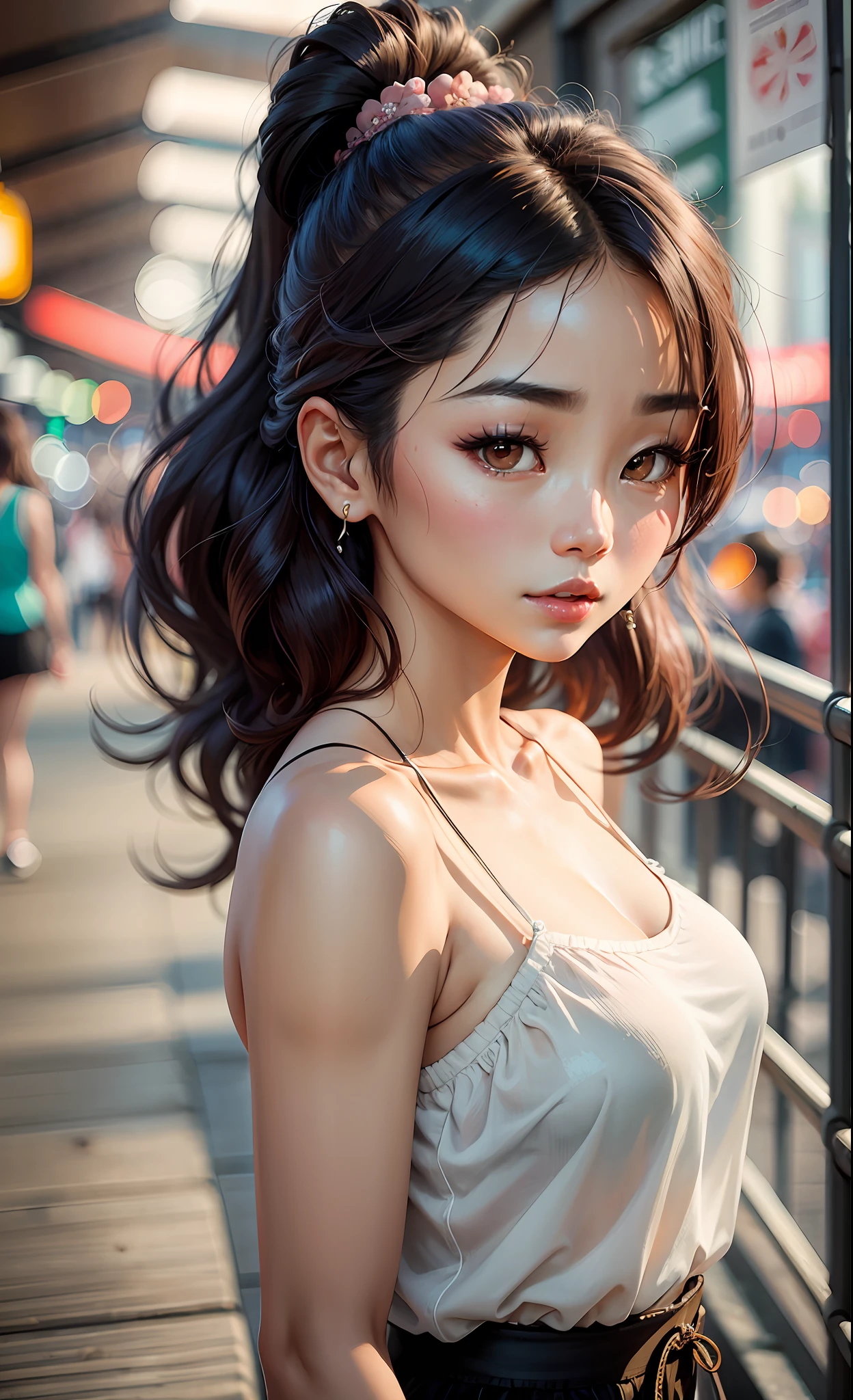 arafed asian woman with ponytail hair and camisole, korean girl, standing at the pier, beautiful south korean woman, gorgeous young korean woman, beautiful young korean woman, asian girl, young adorable korean face, portrait of female korean idol, jaeyeon nam, korean woman, straight hairstyle, ulzzang, popular korean makeup, popular south korean makeup --auto --s2