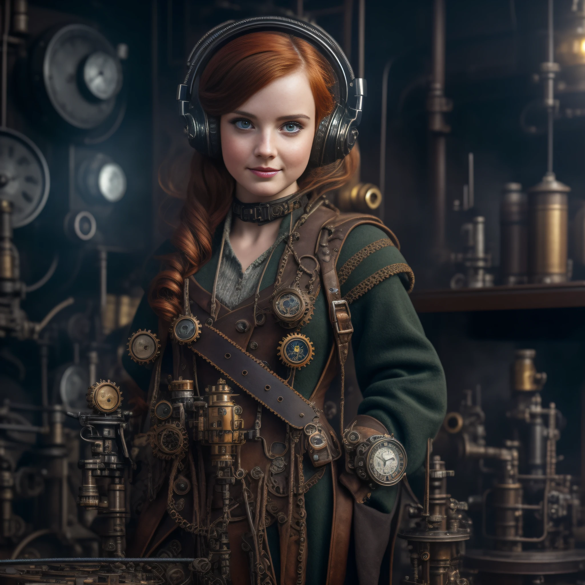 (a 19 yo girl, (Ana de Armas:0.45), (redhead:1.1)), cute smile, (perfect eyes:1.1), photorealistic wavy hair, steampunk jumpsuit, intercom headset, steampunk choker, long leather boots, perfect detailed face, detailed symmetric green eyes with circular iris, fixing a steam engine in the steampunk garage filled with steam and smoke, onvex lenses, intricate, hdr, intricate details, detailed, cinematic, cogs and gears, steamy background with lots of steam pipes and steam valves and pressure gauges and gears, realistic, stunning realistic photograph, 3d render, octane render, cinematic, Isometric, Centered, hyperealistic cover photo, awesome full color, 12k, high definition, portrait featured on unsplash, smooth, ultra high definition, 8k, ultra sharp focus, intricate artwork, masterpiece, ominous, epic, highly detailed, warm cinematic, araffe woman in a light gray uniform sitting on a machine, young girl in steampunk clothes, in a steampunk laboratory, girl with warship parts, steampunk inventor girl, in a steampunk world, woman in a dark factory, steampunk fantasy style, steampunk , steampunk aesthetic
