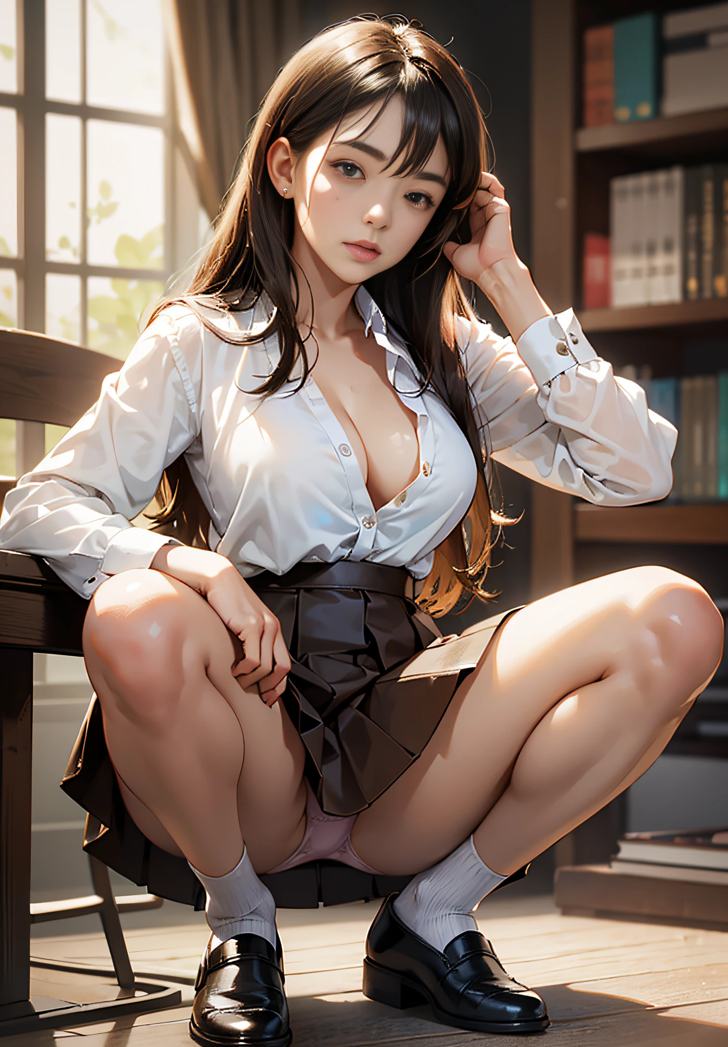 High Resolution, Top Quality, Masterpiece, Ultra High Quality, Ultra Detail, Ultra Realistic, 3D, Anime, Illustration, Fantasy, Solo, ((Beautiful Female Student Short Skirt)), Squatting and Touching Her Hair, (Looking at the camera), (Background Blur))), Brown leather shoes, Bare feet, (Cotton underwear), Large breasts, Front shooting,