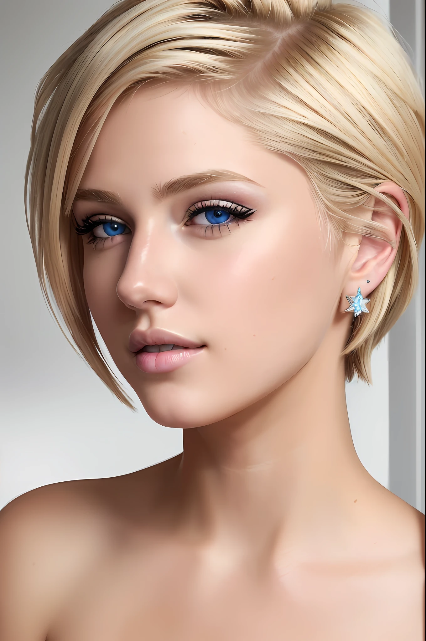 ((Best Quality)), ((Super Resolution)), ((Photorealistic)), (Complex Detail), 19 years old, Blonde hair, Perfect face, Makeup: 1.5, Face lights, Facial details, pixie_cut,