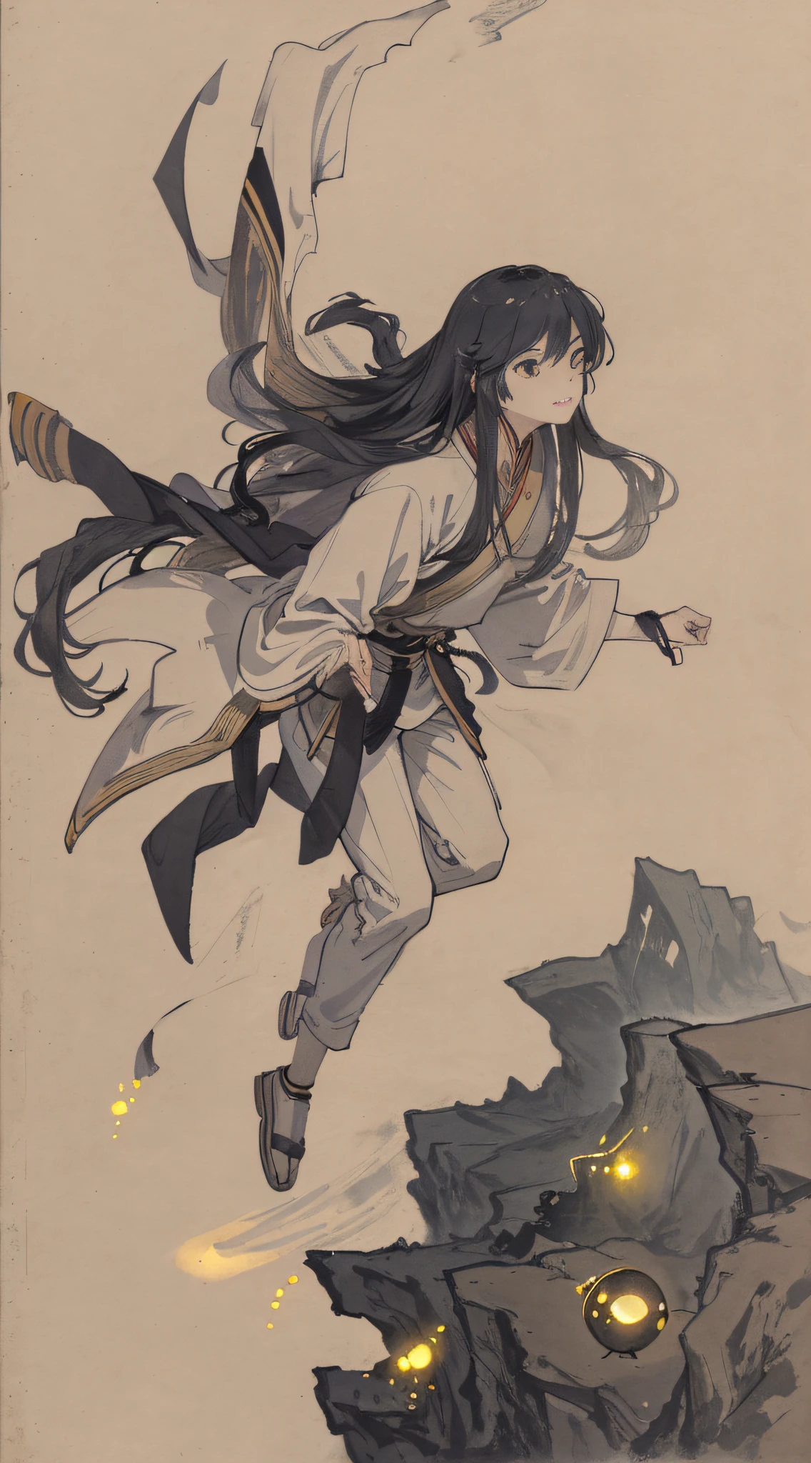 Masterpiece, best quality, night, hills, clouds, full moon, long hair, man soaring through the clouds, ancient Chinese, silhouette, fireflies
