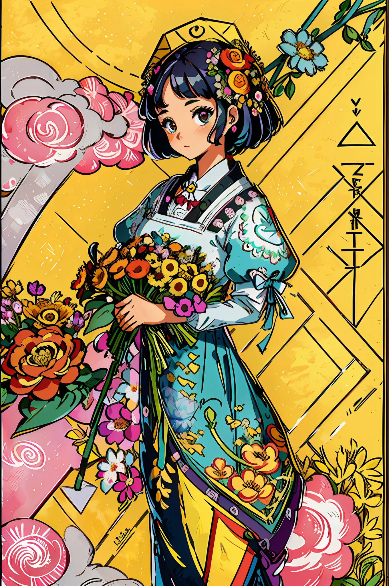 (ultra-detailed background, detailed background), absurdres, highres, ultra detailed, extremly detailed, 1girl, (bunch of flowers:1.3), (zentangle:1.2), (geometric:1.2),(colorful),