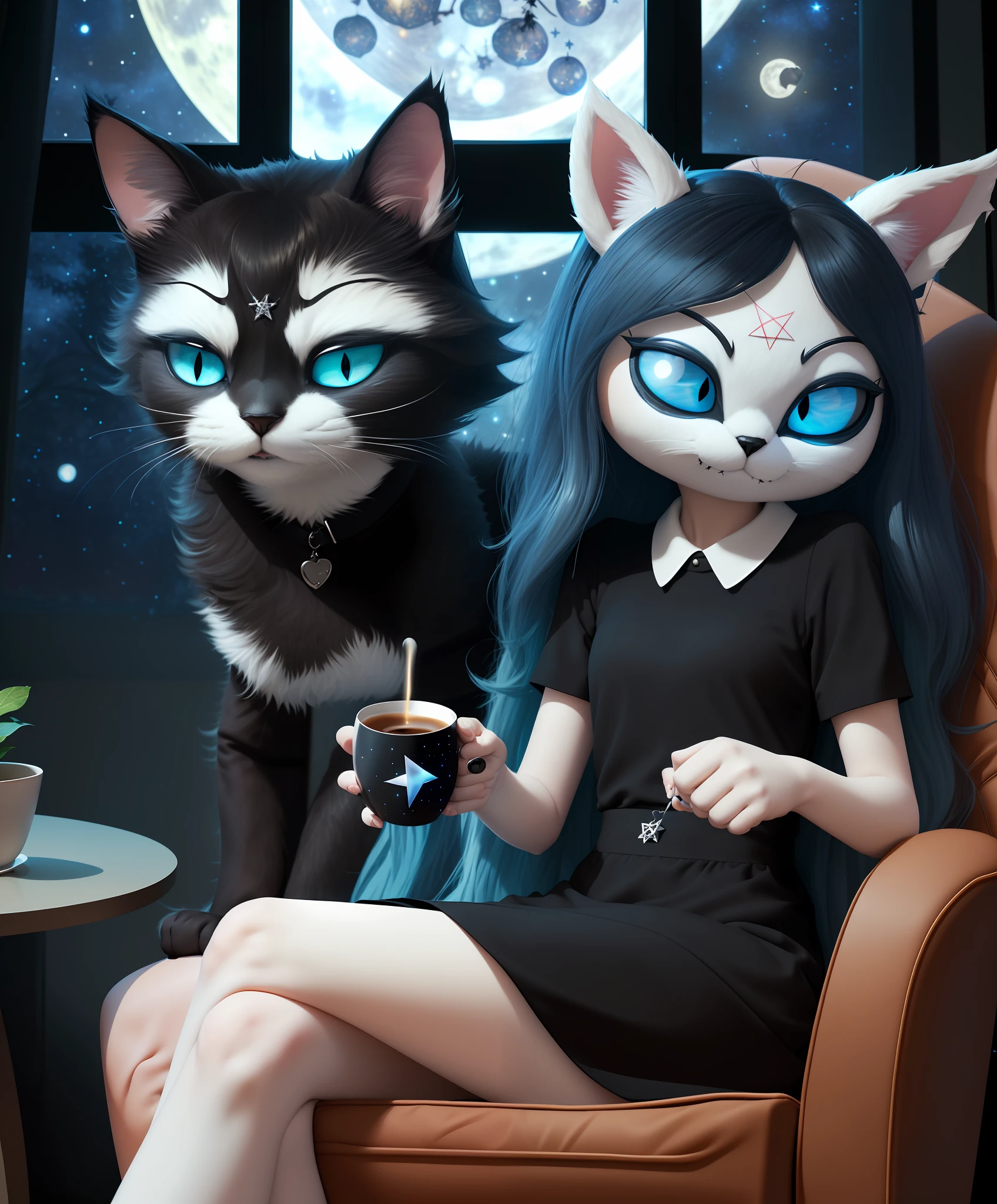 [Claire], [Uploaded on e621.net; (mayosplash), (pixelsketcher)], ((furry; anthro cat girl)), ((high definition)), ((solo portrait)), ((full body)), ((behind view)), ((detailed shading)), ((raytracing)), ((ambient lighting)), {(anthro cat woman; white fur, pointed cat ears, (cat snout; black nose), long blue messy hair, (black pentagram on forehead), small black slit eyes, young woman's body), (black white-collared dress; flowing in the wind, short sleeves), black goth heel boots}, ((bored expression; half-closed eyes, short eyelashes, looking ahead, turning around), (sitting in armchair; holding tea cup, legs crossed)), [background; (living room; coffee table, table lamp, (window; dark trees, starry night sky, full moon))]