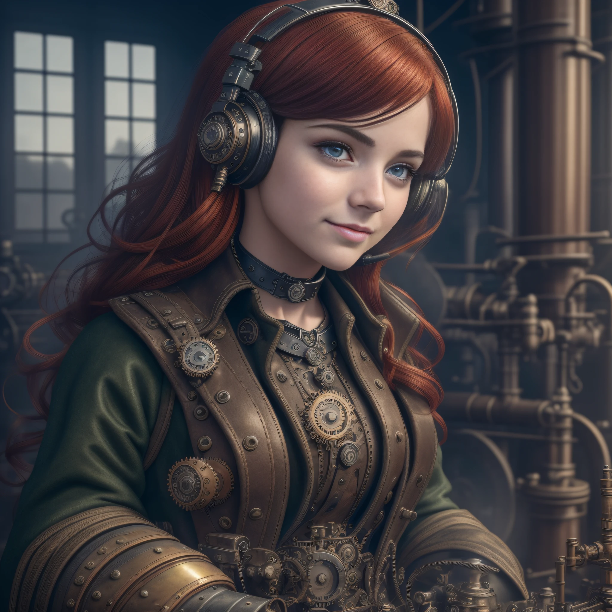 (a 19 yo girl, (Ana de Armas:0.45), (redhead:1.1)), cute smile, (perfect eyes:1.1), photorealistic wavy hair, steampunk jumpsuit, intercom headset, steampunk choker, long leather boots, perfect detailed face, detailed symmetric green eyes with circular iris, fixing a steam engine in the steampunk garage filled with steam and smoke, onvex lenses, intricate, hdr, intricate details, detailed, cinematic, cogs and gears, steamy background with lots of steam pipes and steam valves and pressure gauges and gears, realistic, stunning realistic photograph, 3d render, octane render, cinematic, Isometric, Centered, hyperealistic cover photo, awesome full color, 12k, high definition, portrait featured on unsplash, smooth, ultra high definition, 8k, ultra sharp focus, intricate artwork, masterpiece, ominous, epic, highly detailed, warm cinematic, araffe woman in a light gray uniform sitting on a machine, young girl in steampunk clothes, in a steampunk laboratory, girl with warship parts, steampunk inventor girl, in a steampunk world, woman in a dark factory, steampunk fantasy style, steampunk , steampunk aesthetic