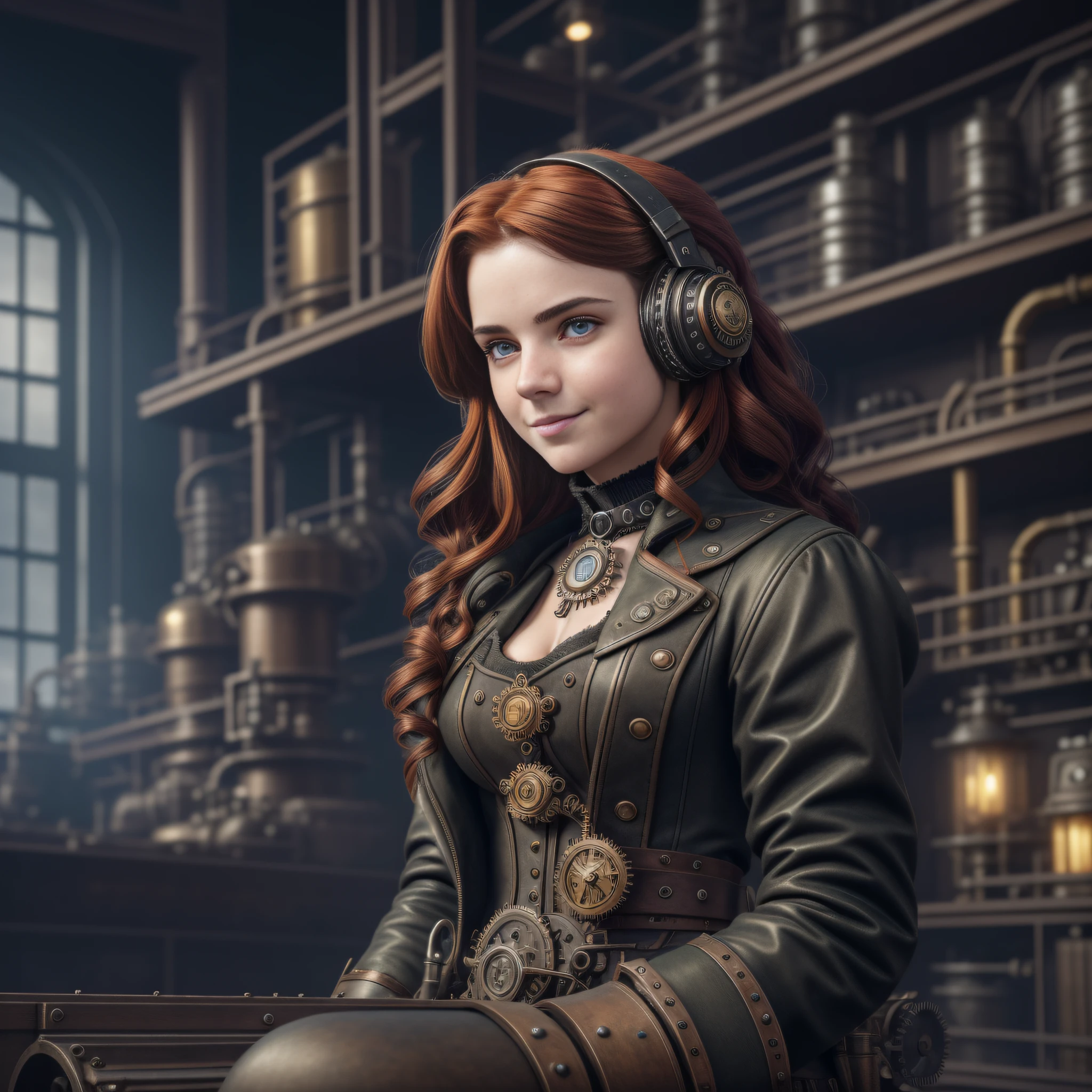 (a 19 yo girl, (Ana de Armas:0.45), (redhead:1.1)), cute smile, (perfect eyes:1.1), photorealistic wavy hair, steampunk jumpsuit, intercom headset, steampunk choker, long leather boots, perfect detailed face, detailed symmetric green eyes with circular iris, fixing a steam engine in the steampunk garage filled with steam and smoke, onvex lenses, intricate, hdr, intricate details, detailed, cinematic, cogs and gears, steamy background with lots of steam pipes and steam valves and pressure gauges and gears, realistic, stunning realistic photograph, 3d render, octane render, cinematic, Isometric, Centered, hyperealistic cover photo, awesome full color, 12k, high definition, portrait featured on unsplash, smooth, ultra high definition, 8k, ultra sharp focus, intricate artwork, masterpiece, ominous, epic, highly detailed, warm cinematic, araffe woman in a light gray uniform sitting on a machine, young girl in steampunk clothes, in a steampunk laboratory, girl with warship parts, steampunk inventor girl, in a steampunk world, woman in a dark factory, steampunk fantasy style, steampunk , steampunk aesthetic
