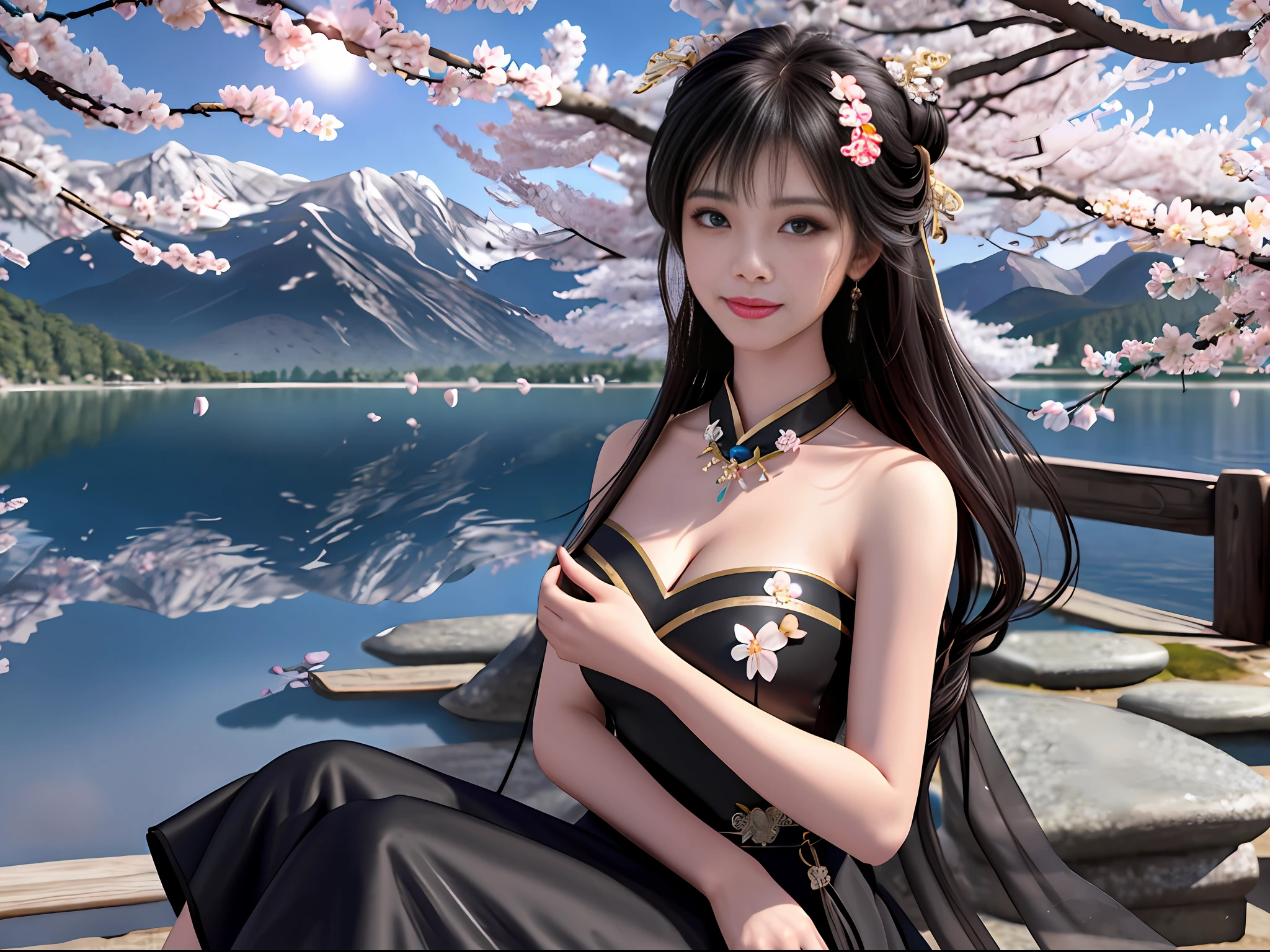 (Best quality: 1.2), Masterpiece, High quality, High resolution, Excellent, Photo, 8k, wallpaper, very realistic and realistic, ((((a girl)))))), (solo)))))), (realistic face), (high detail face), lying on stone, (blush), star pupils, bright big eyes, (smile: 0.9), sweet smile, beautiful and delicate face, sexy body, (high detail skin: 1.2), Chinese hanfu, ((black dress )), (bandeau), (cleavage), short skirt, leaky shoulders, leaky legs, big boobs, (long hair), (bangs), hair bun, detailed hair accessories, jade pendant, necklace, jewelry, beauty, light sense, ((mountain), (lake), (cherry blossom bloom)), detailed background, 8k uhd, SLR, soft light, high quality, volumetric lighting, candid shot, photo, high resolution, 4k