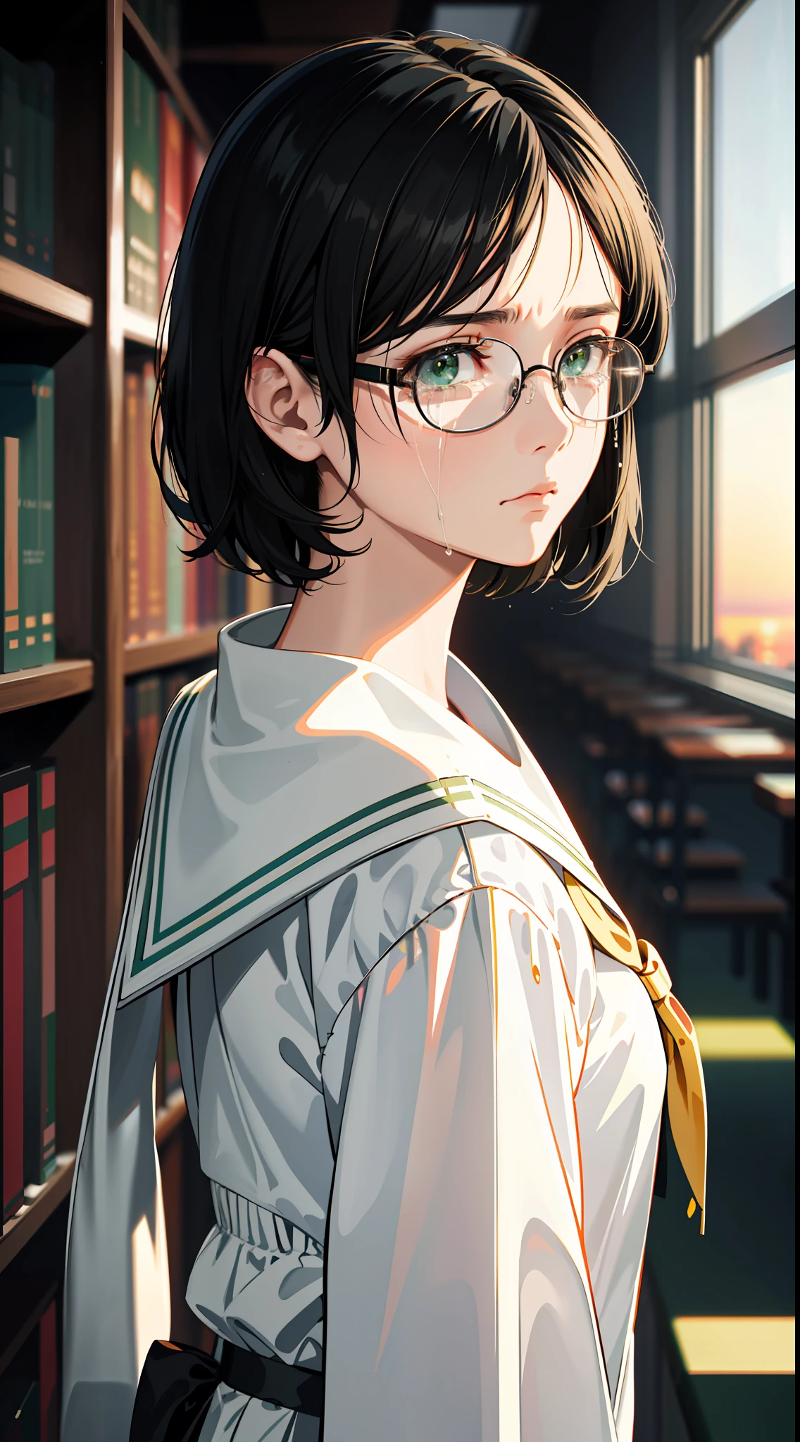 Anime Reference 86, school, atmosphere, alone, woman, girl, green eyes, (very short black hair), (round glasses), general uniform, white sailor suit, realistic face details, realism, 3D face, pretty face, (library), sunset light, (((sad expression)), crying face,