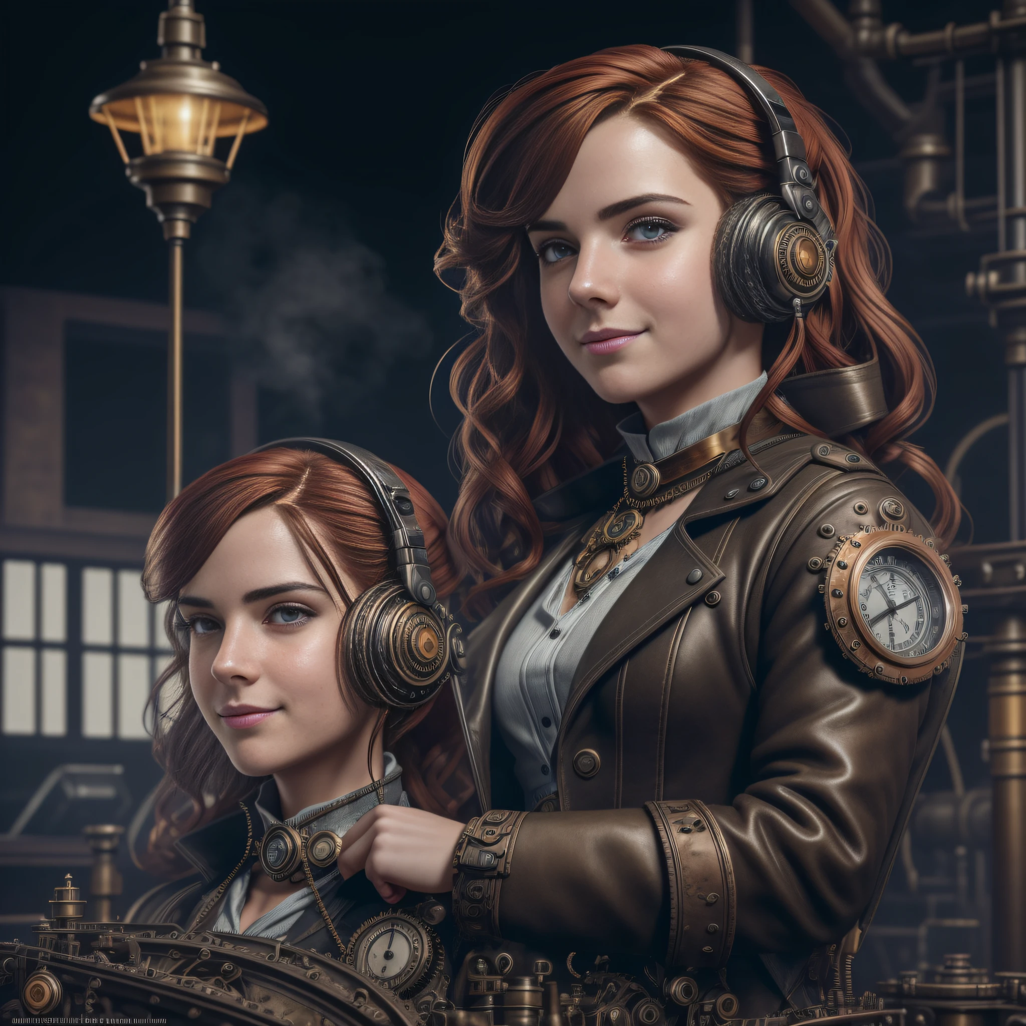 (a 19 yo girl, (Ana de Armas:0.45), (redhead:1.1)), cute smile, (perfect eyes:1.1), photorealistic wavy hair, steampunk jumpsuit, intercom headset, steampunk choker, long leather boots, perfect detailed face, detailed symmetric green eyes with circular iris, fixing a steam engine in the steampunk garage filled with steam and smoke, onvex lenses, intricate, hdr, intricate details, detailed, cinematic, cogs and gears, steamy background with lots of steam pipes and steam valves and pressure gauges and gears, realistic, stunning realistic photograph, 3d render, octane render, cinematic, Isometric, Centered, hyperealistic cover photo, awesome full color, 12k, high definition, portrait featured on unsplash, smooth, ultra high definition, 8k, ultra sharp focus, intricate artwork, masterpiece, ominous, epic, highly detailed, warm cinematic, araffe woman in a light gray uniform sitting on a machine, young girl in steampunk clothes, in a steampunk laboratory, girl with warship parts, steampunk inventor girl, in a steampunk world, woman in a dark factory, steampunk fantasy style, steampunk , steampunk aesthetic