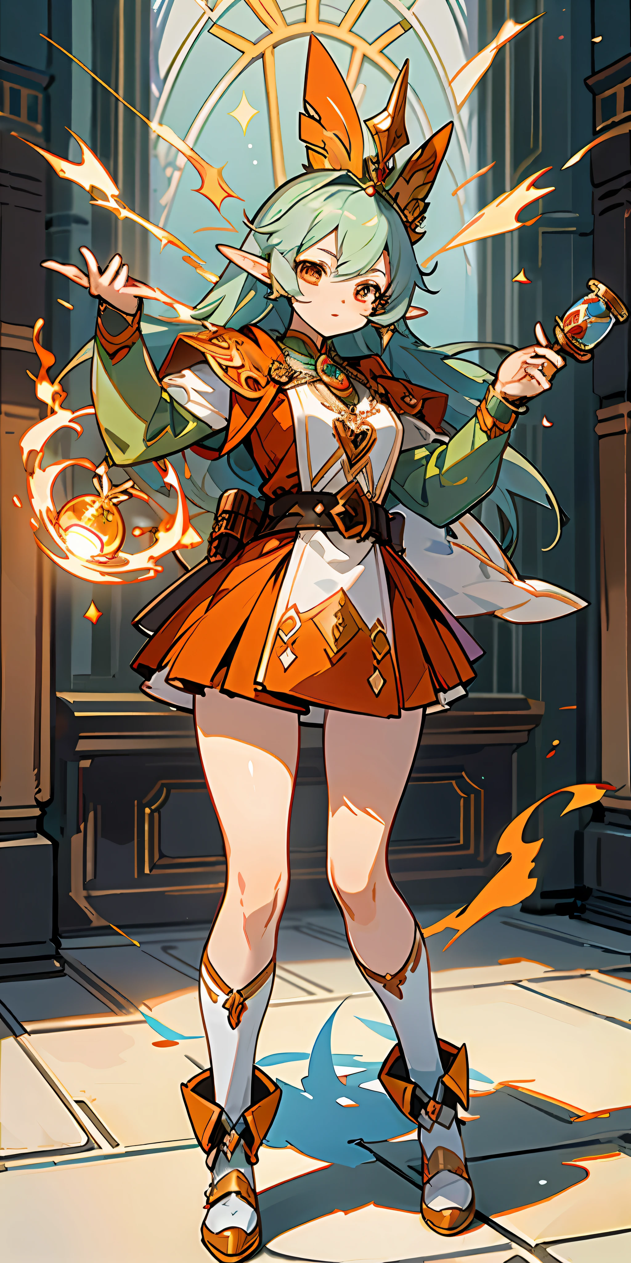 Elf, A Magical Girl, Archer, Tactical Pack, Scroll, Orange-Red Series, Magical Weapons, Fantasy Creatures, Dynamic Pose, Unique Character Design, Exquisite Costumes, Medicine Bottles, Cards, Standing Paintings, Floor Deck, HD, Masterpiece, Super Detail, (Best Quality, High Resolution), Ultra High Pixel, Ultra HD, 32K, cgStation Pop --v 6