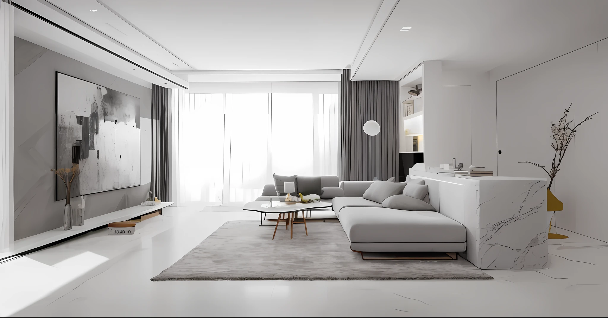 There is a living room with sofa and table, modern style: comfortable premium, marble, premium gray, natural furniture, clean lines, flowing separation, beautiful aesthetic design, minimalist modern, modern style, living room, modern simplicity, simplicity and beauty