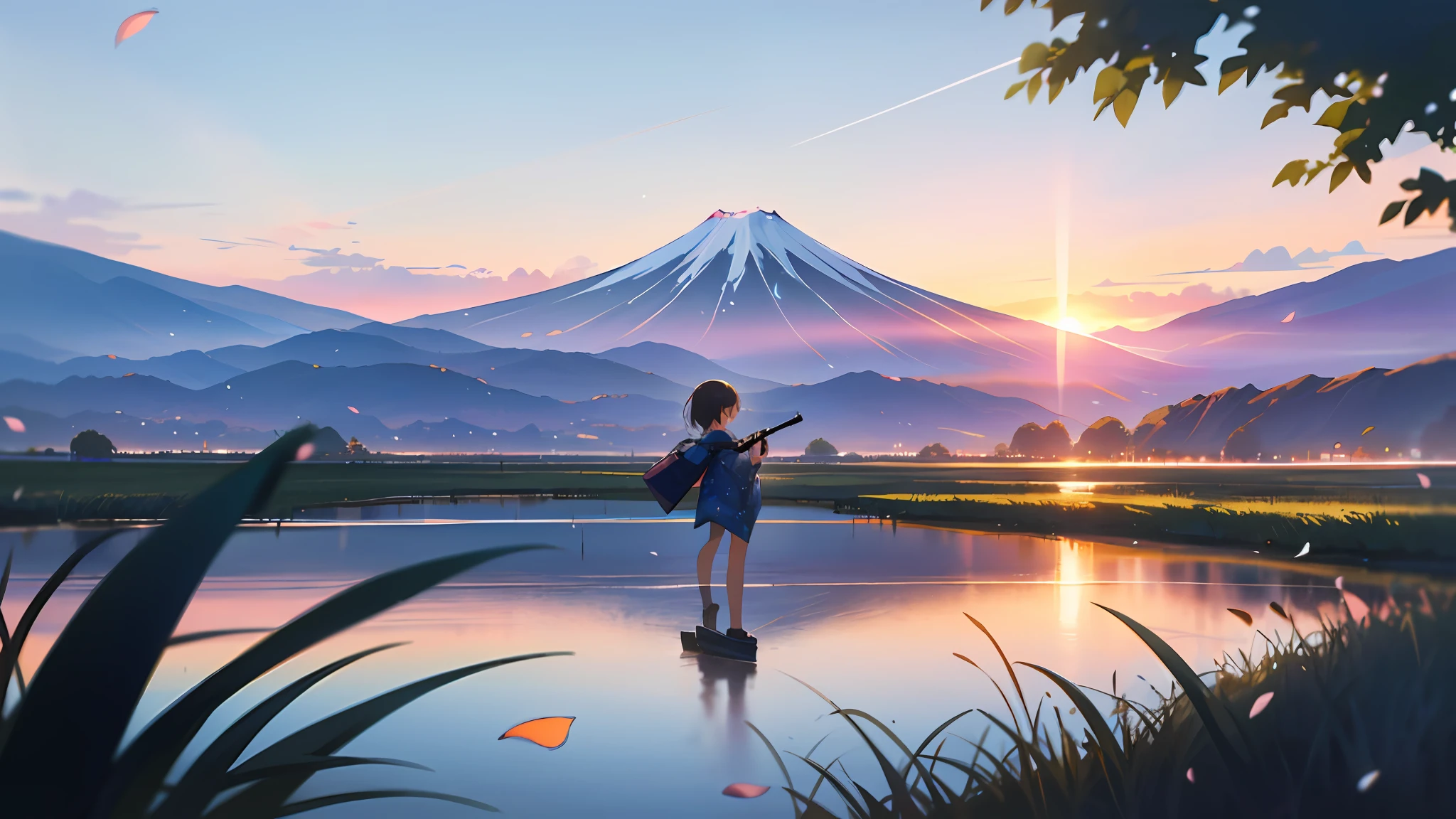 best quality, masterpiece, very detailed, detailed background, anime, 1 girl, young girl, short girl, shooting with gun in both hands, kimono, retro, mount fuji lansdscape, outdoor, sunset, beautiful sky, lake picnic, landscape, landscape, horizon, mountain sitting near mountain, wind, petals, looking away, atmospheric lighting, reflection, naturalism, detail, realism. Relax, Beauty, Single Focus, Close Up, From Side, Depth of Field, Bokeh