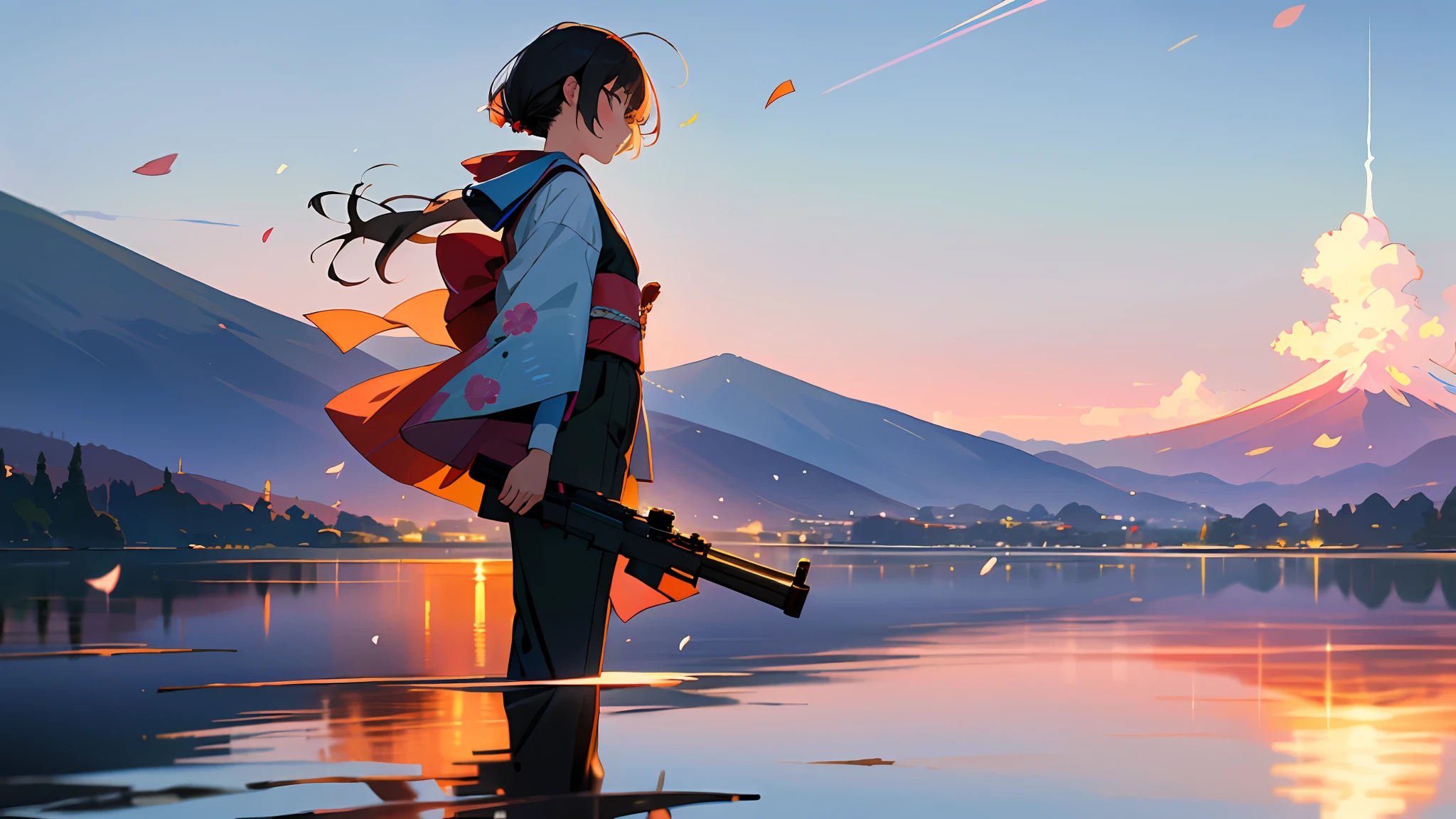 best quality, masterpiece, very detailed, detailed background, anime, 1 girl, young girl, short girl, shooting with gun in both hands, kimono, retro, mount fuji lansdscape, outdoor, sunset, beautiful sky, lake picnic, landscape, landscape, horizon, mountain sitting near mountain, wind, petals, looking away, atmospheric lighting, reflection, naturalism, detail, realism. Relax, Beauty, Single Focus, Close Up, From Side, Depth of Field, Bokeh