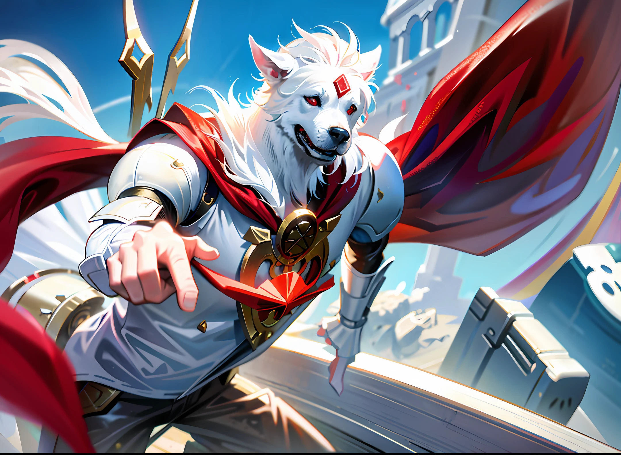 White dog, wearing armor and a red cloak on his back, in the blue sky, saving the world, with a sense of technology, centered, with superhuman elements!