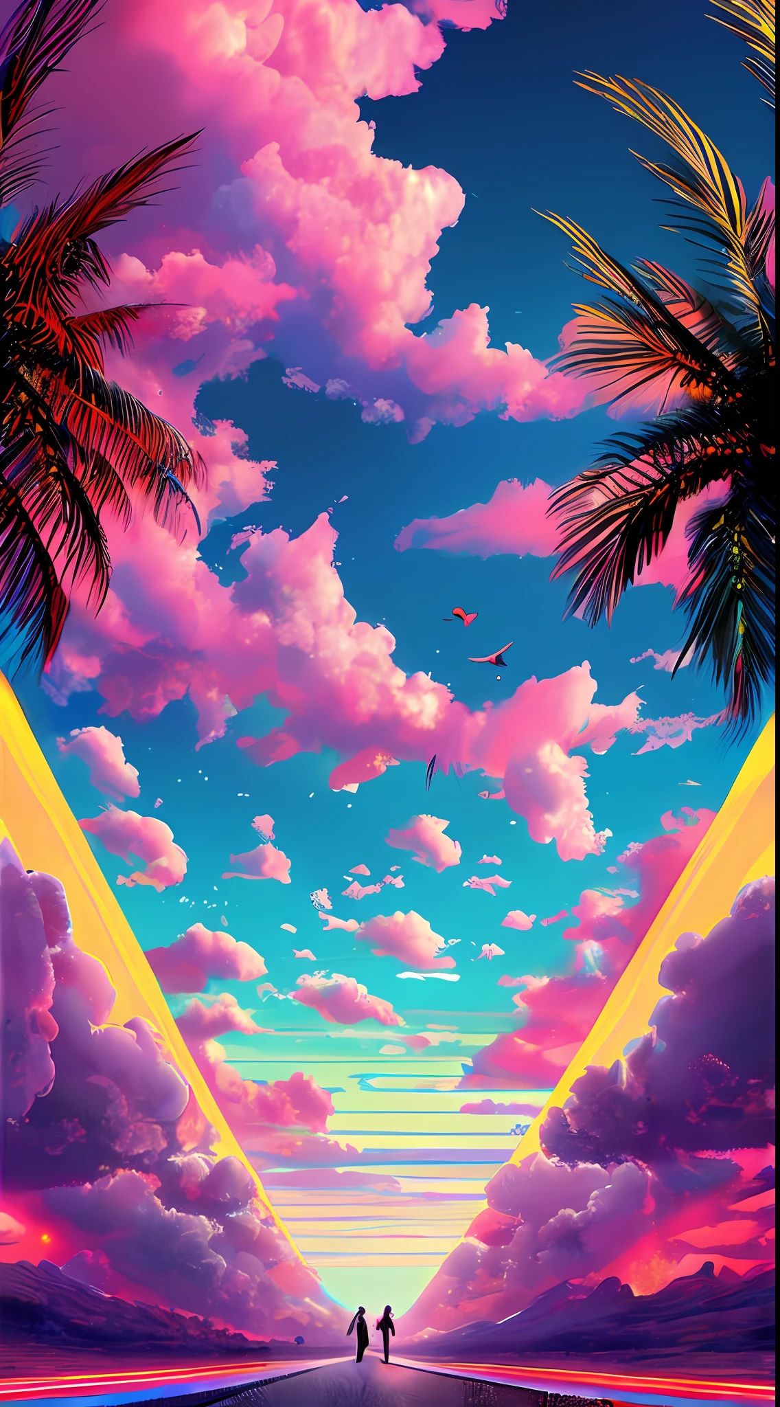 Heaven, if it's cyberpunk, volume, neon, clouds, bright lights, angelic, beautiful landscapes