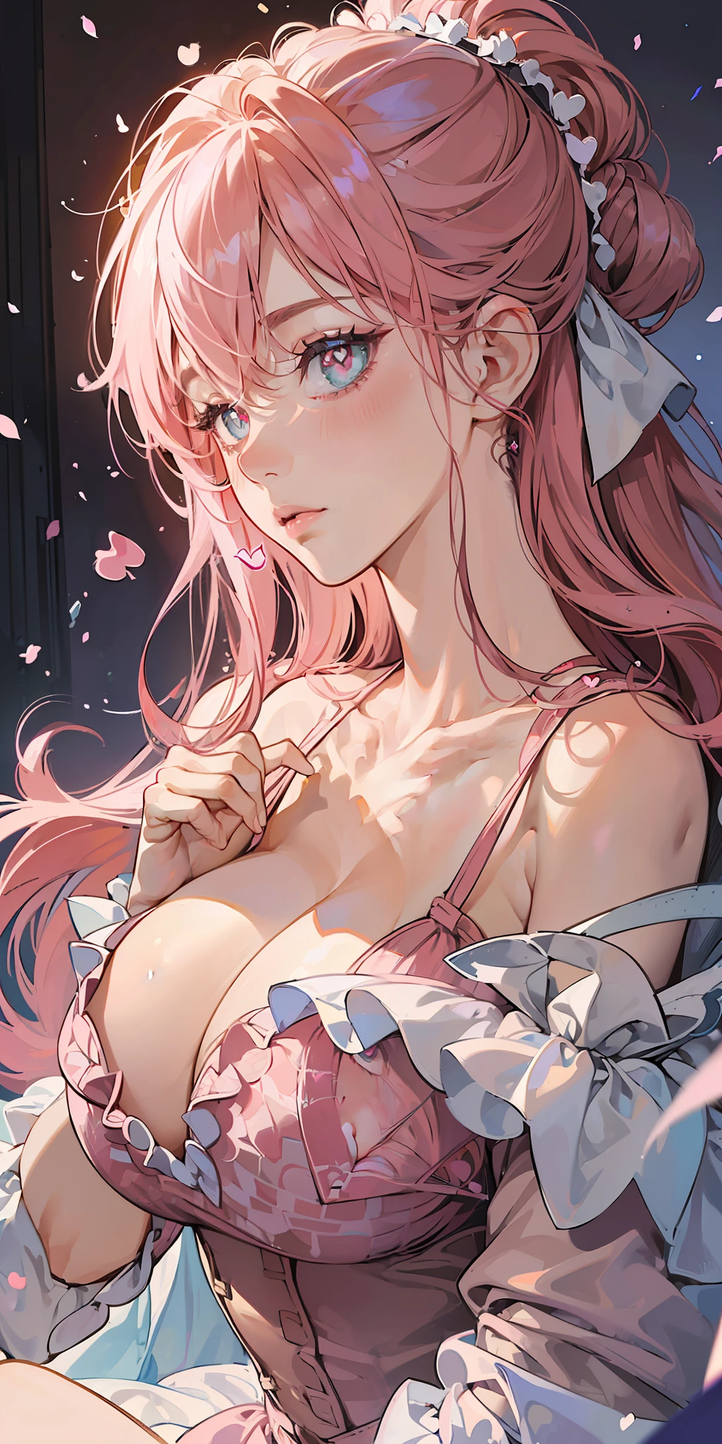 Masterpiece, Top Quality, Ultra Detail, Illustration,(1girl),Beautiful Detailed Eyes, (Show Viewer:1.4), (Heart-shaped Pupil:1.4), Blushing, Estrus, Close-up, (Chest Focus), (Back Arm:1.2), (From Top:1.1), Pink Hair, ((Big:2.0)), (Chest Out:1.3), (Off-Shoulder:1.1), Undergarment, --auto --s2