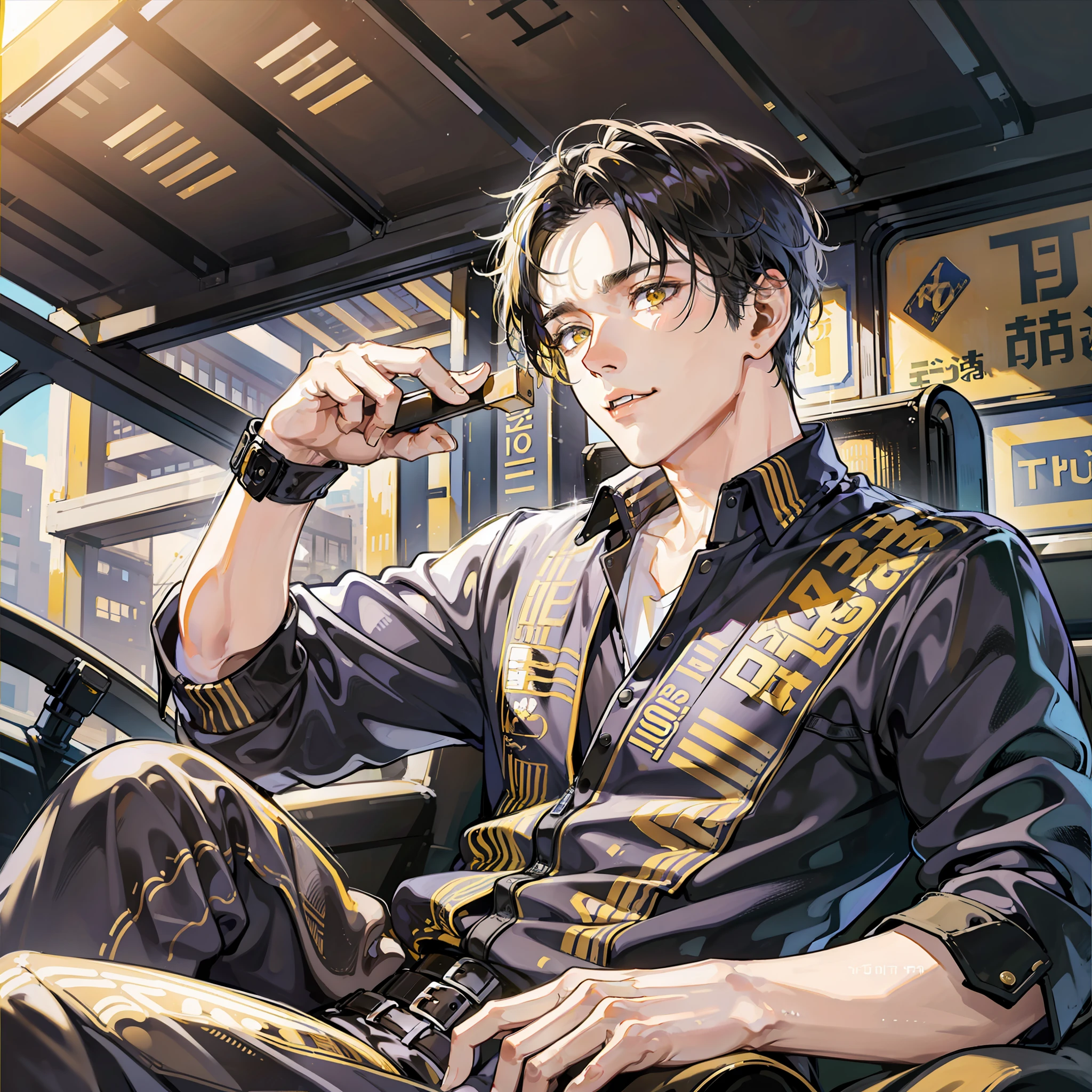 In a high-end bar, a middle-aged man with yellow and black hair, in his 30s, wearing casual clothes, with a plain face, revealing a high-class momentum, sitting in a jeep, thinking about problems, super high picture quality, movie texture, masterpiece