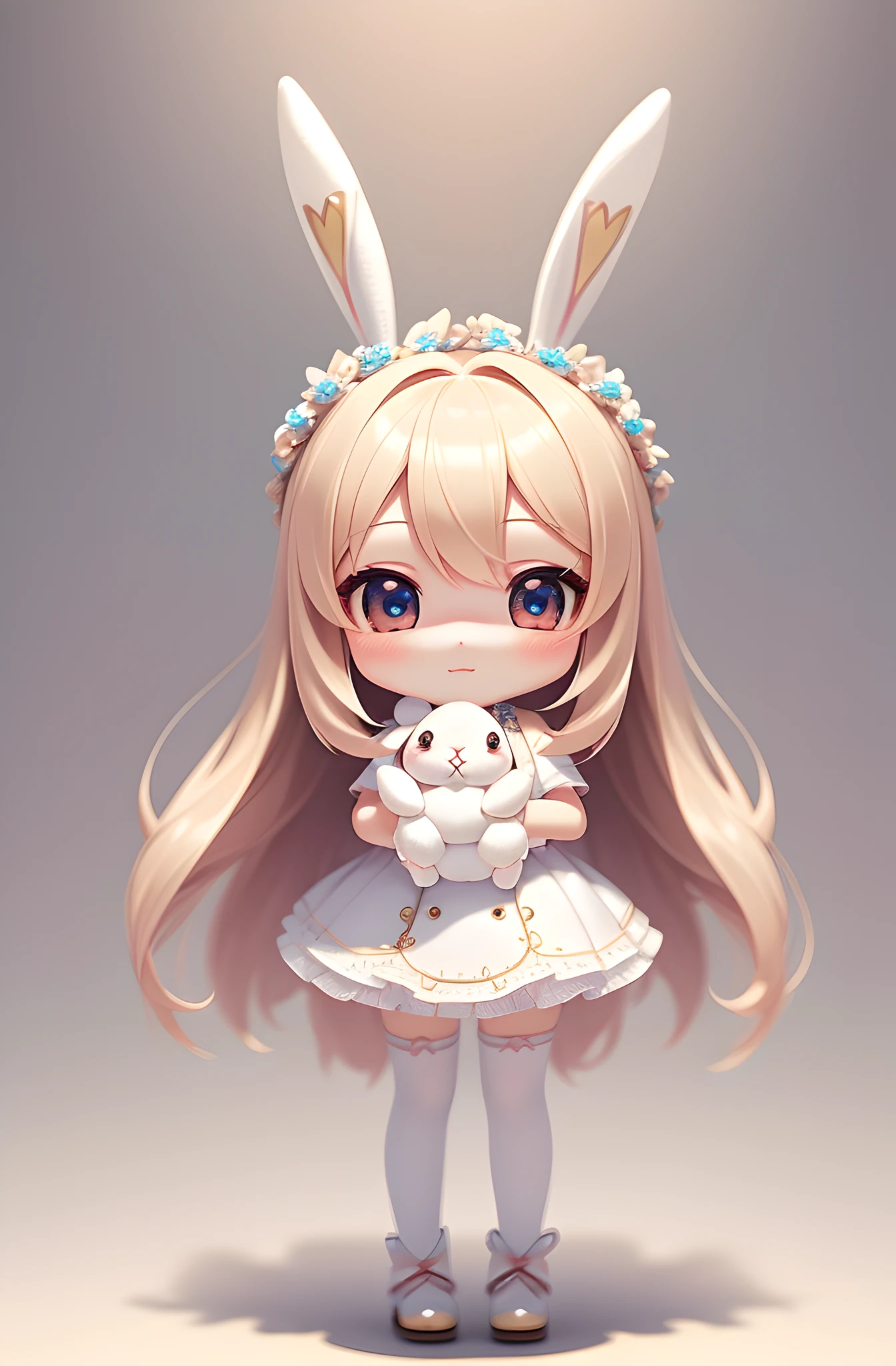 Bunny Morphing Girl, Fluffy, Soft ((Best Quality)), ((Masterpiece)), ( Extreme Detail, Supreme Detail, Official Art, Beauty and Aesthetics:1.2), Depth of Field, Composition, Full Body, (Chibi), Clean Background, (Beautiful and Detailed Eyes: 1.3), (Very Happy:1)