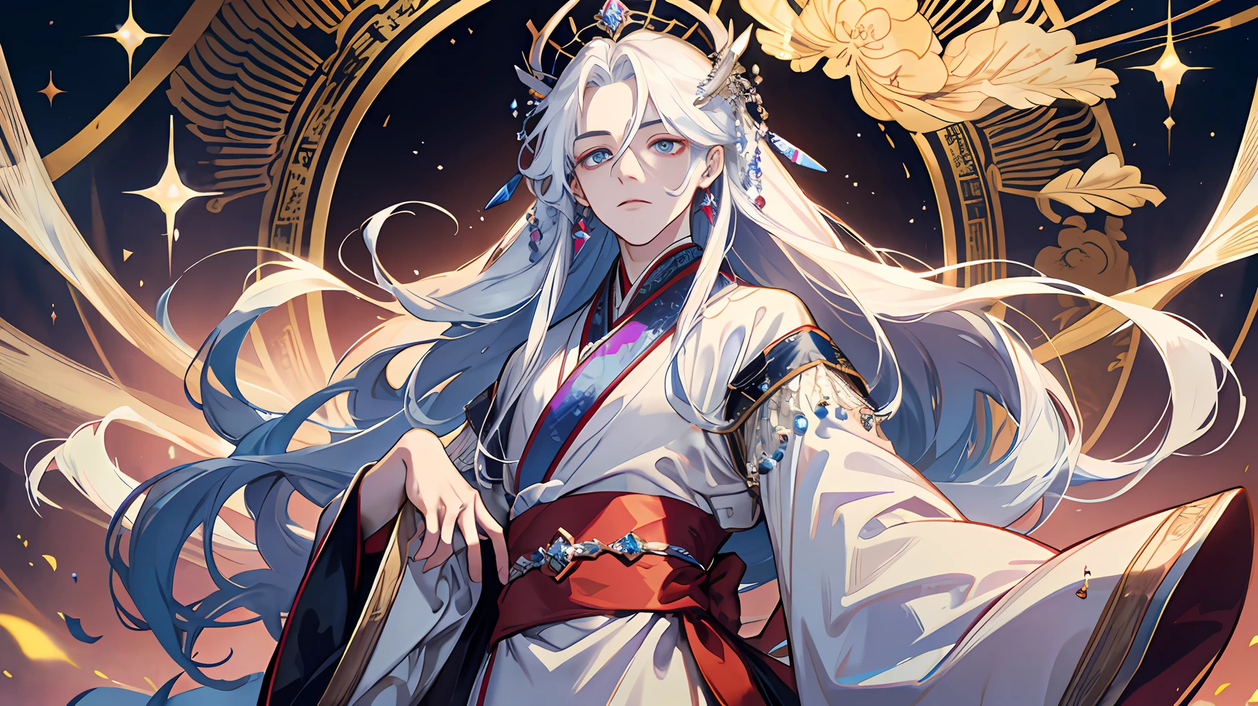 Hanfu, long hair, dramatic composition, extreme details, young men, delicate facial features, opal-like eyes, crystal, glass, sparkle, shiny crystal, diamonds, crystal fragments, wide robes and big sleeves, look at the camera,