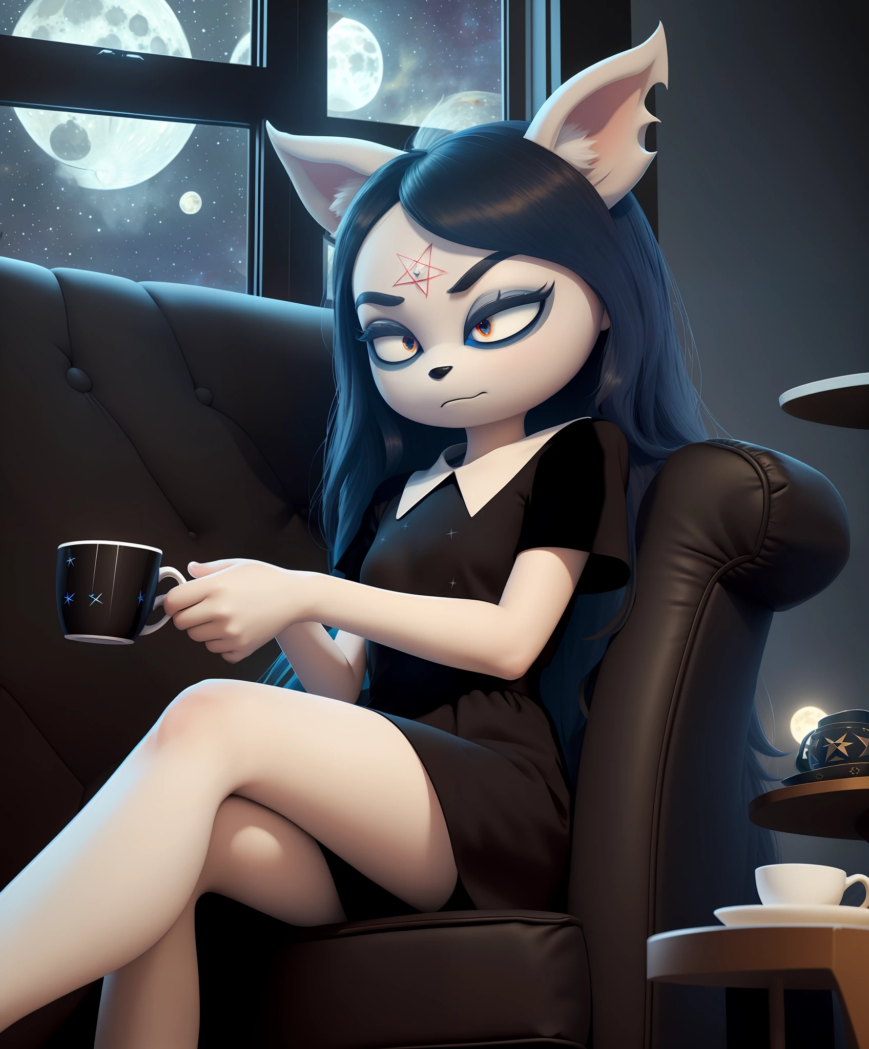 [Claire], [Uploaded on e621.net; (mayosplash), (pixelsketcher)], ((furry; anthro cat girl)), ((high definition)), ((solo portrait)), ((full body)), ((behind view)), ((detailed shading)), ((raytracing)), ((ambient lighting)), {(anthro cat woman; white fur, pointed cat ears, (cat snout; black nose), long blue messy hair, (black pentagram on forehead), small black slit eyes, young woman's body), (black white-collared dress; short sleeves), black goth heel boots}, ((bored expression; half-closed eyes, short eyelashes, looking ahead), (sitting in armchair; holding tea cup, legs crossed)), [background; (living room; coffee table, table lamp, (window; dark trees, starry night sky, full moon))]