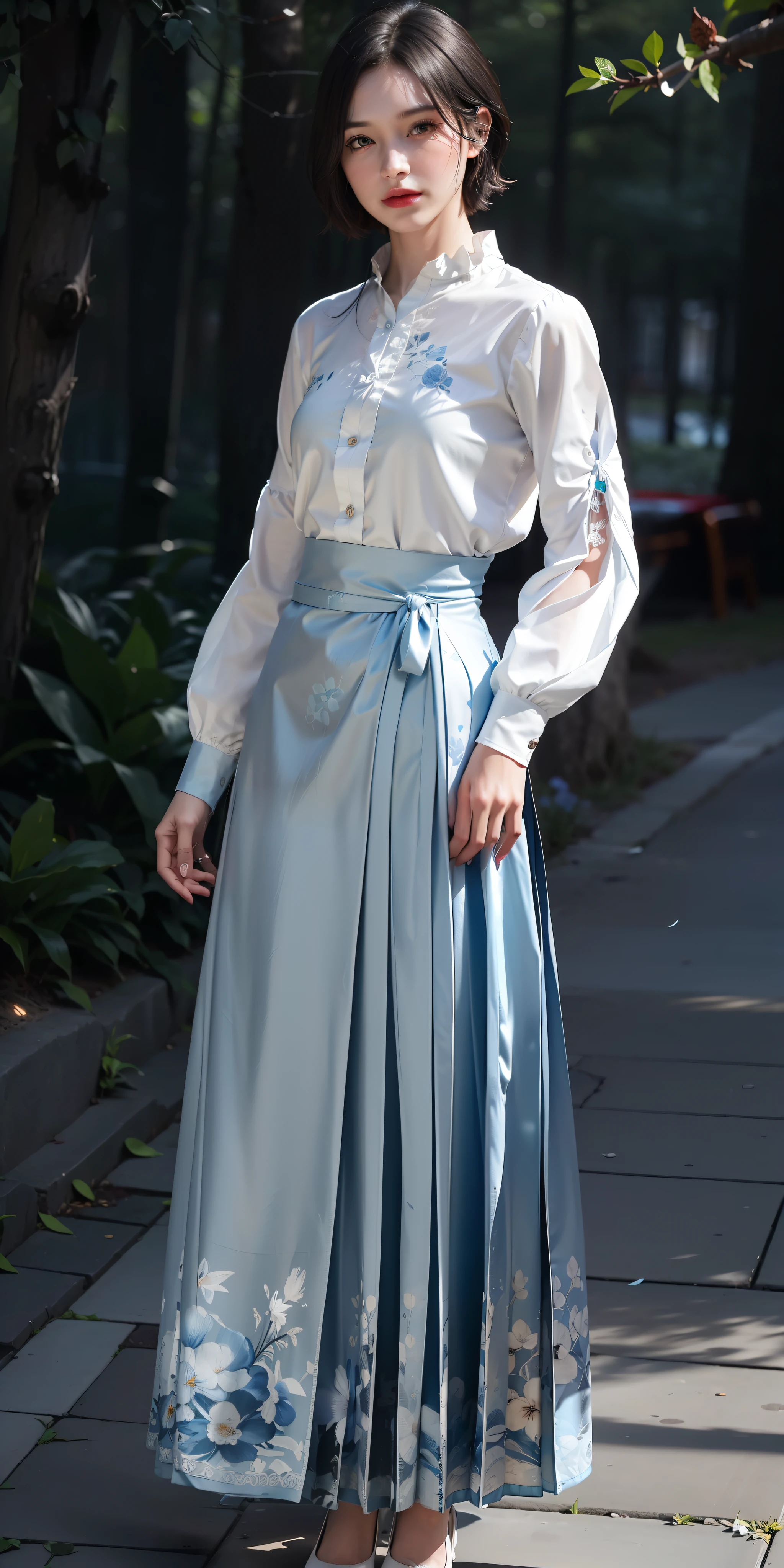 (light blue long skirt:1.2),(flowers print:1.2),(white long sleeves shirt),1 girl,full body, high heels,(short hair:1.1), (realistic:1.7),((best quality)),absurdres,(ultra high res),(photorealistic:1.6),photorealistic,octane render,(hyperrealistic:1.2), (photorealistic face:1.2), (8k), (4k), (Masterpiece),(realistic skin texture), (illustration, cinematic lighting,wallpaper),( beautiful eyes:1.2),((((perfect face)))),(cute),(standing),(black hair),(short hair),black eyes,red lips, (outdoors),