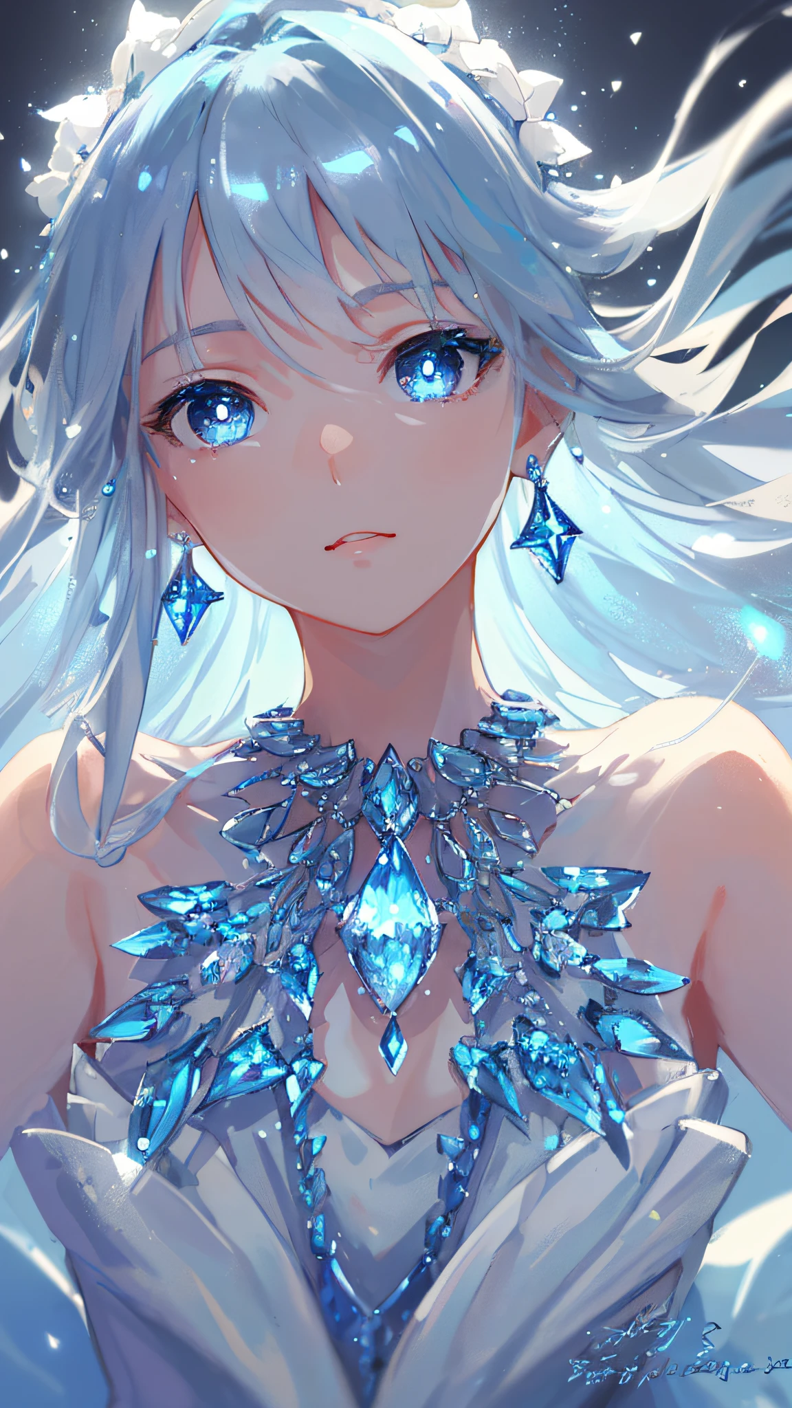 masterpiece, best quality, illustration, sax blue, platinum earrings, platinum necklace, white dress, 1girl, cute, (dynamic lighting:1.2), cinematic lighting, delicate facial features, detailed eyes, sharp pupils, realistic pupils, depth of field, bokeh, sharp focus, (hyper-detailed, bloom, glow:1.4), many small gems