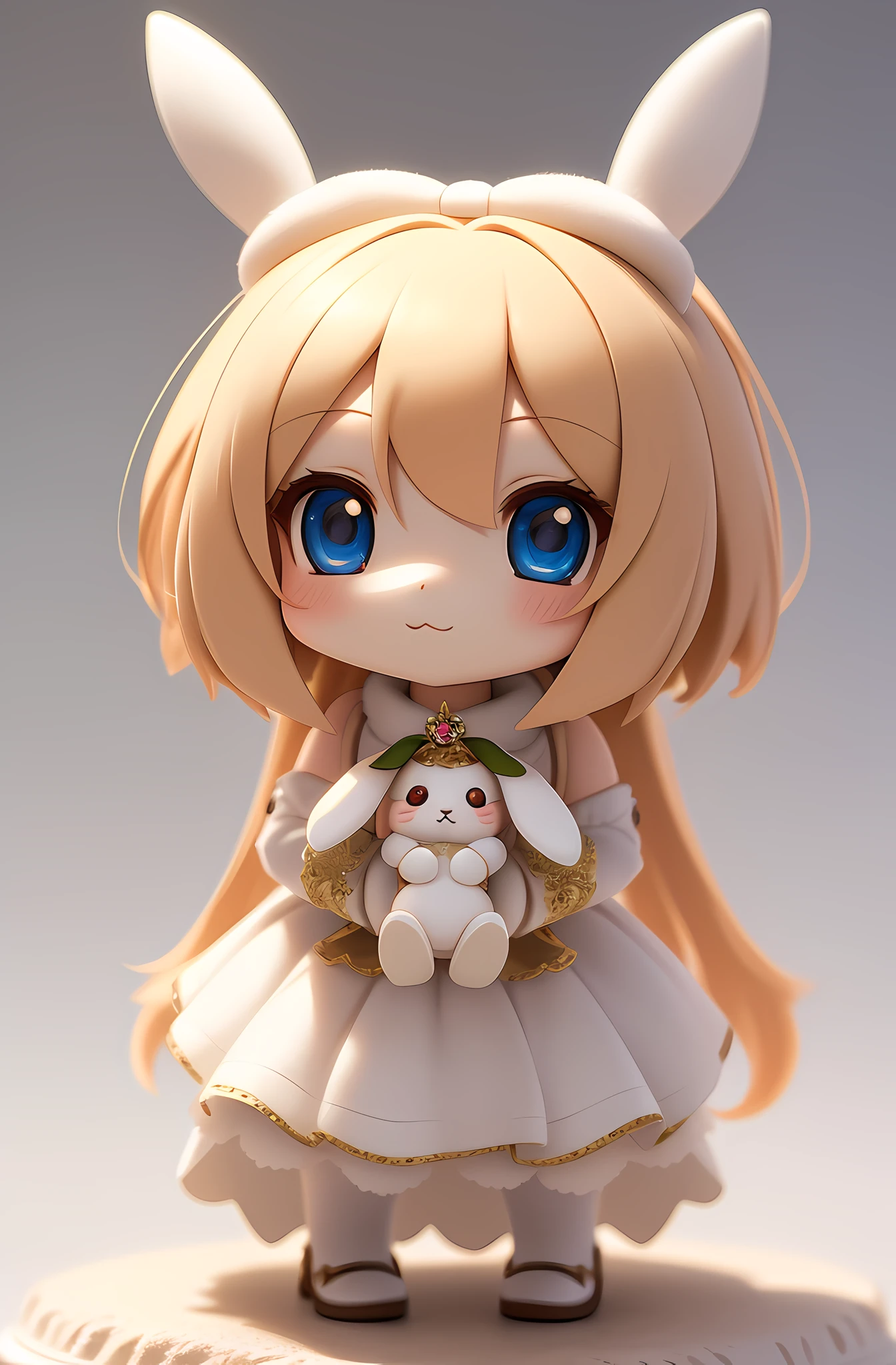 Bunny Morphing Girl, Fluffy, Soft ((Best Quality)), ((Masterpiece)), ( Extreme Detail, Supreme Detail, Official Art, Beauty and Aesthetics:1.2), Depth of Field, Composition, Full Body:1:2, (Chibi), Clean Background, 3D Clay Rendering (Beautiful and Detailed Eyes: 1.3), (Very Happy:1)