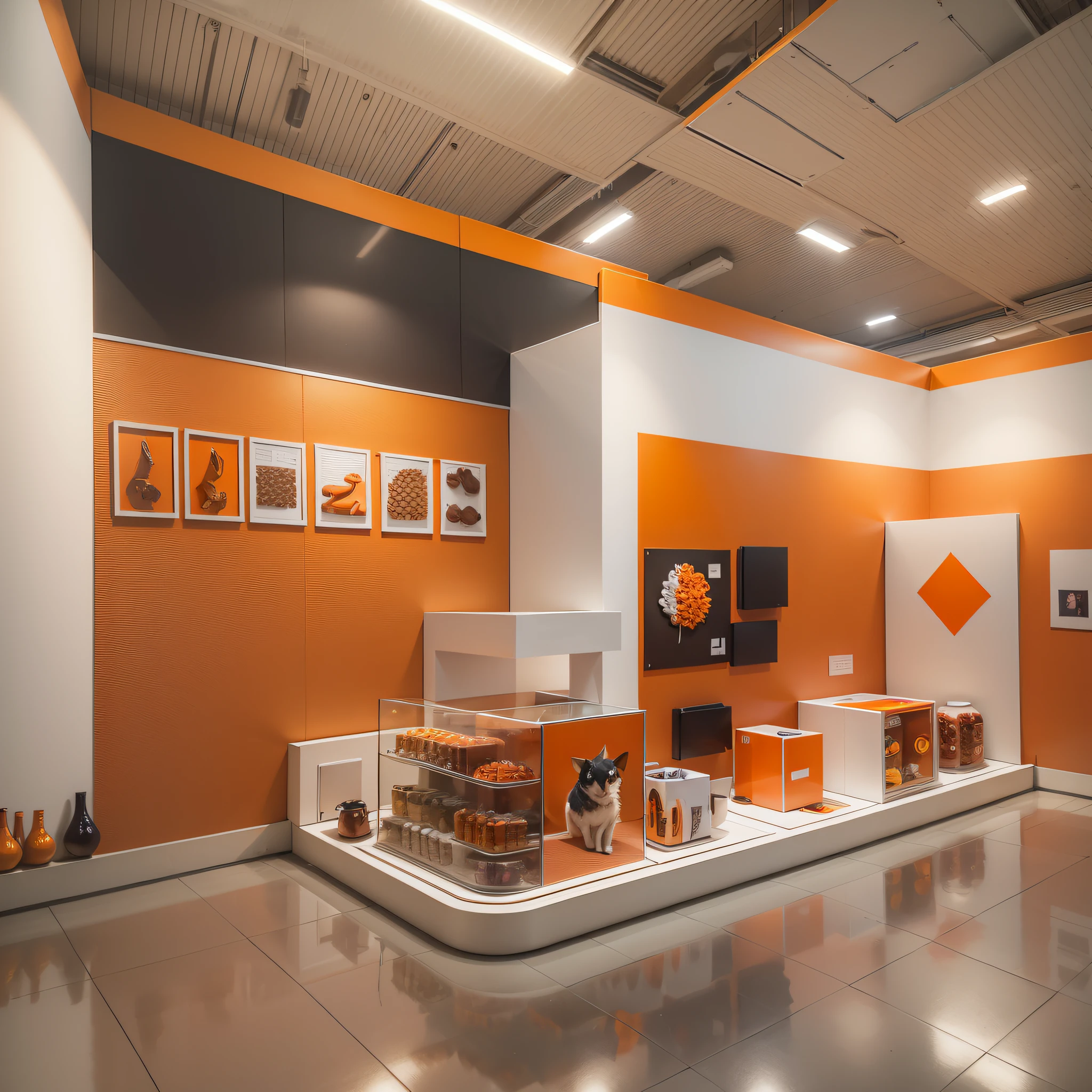 A total of 64 square meters of exhibition hall, The exhibition hall has only one floor, The height is 3.5 meters. The showroom is full of pet food and supplies, The main visual colors are Hermes orange and white, first-person view, multiple views, high detail, Cubist Futurism, UHD --auto --s2