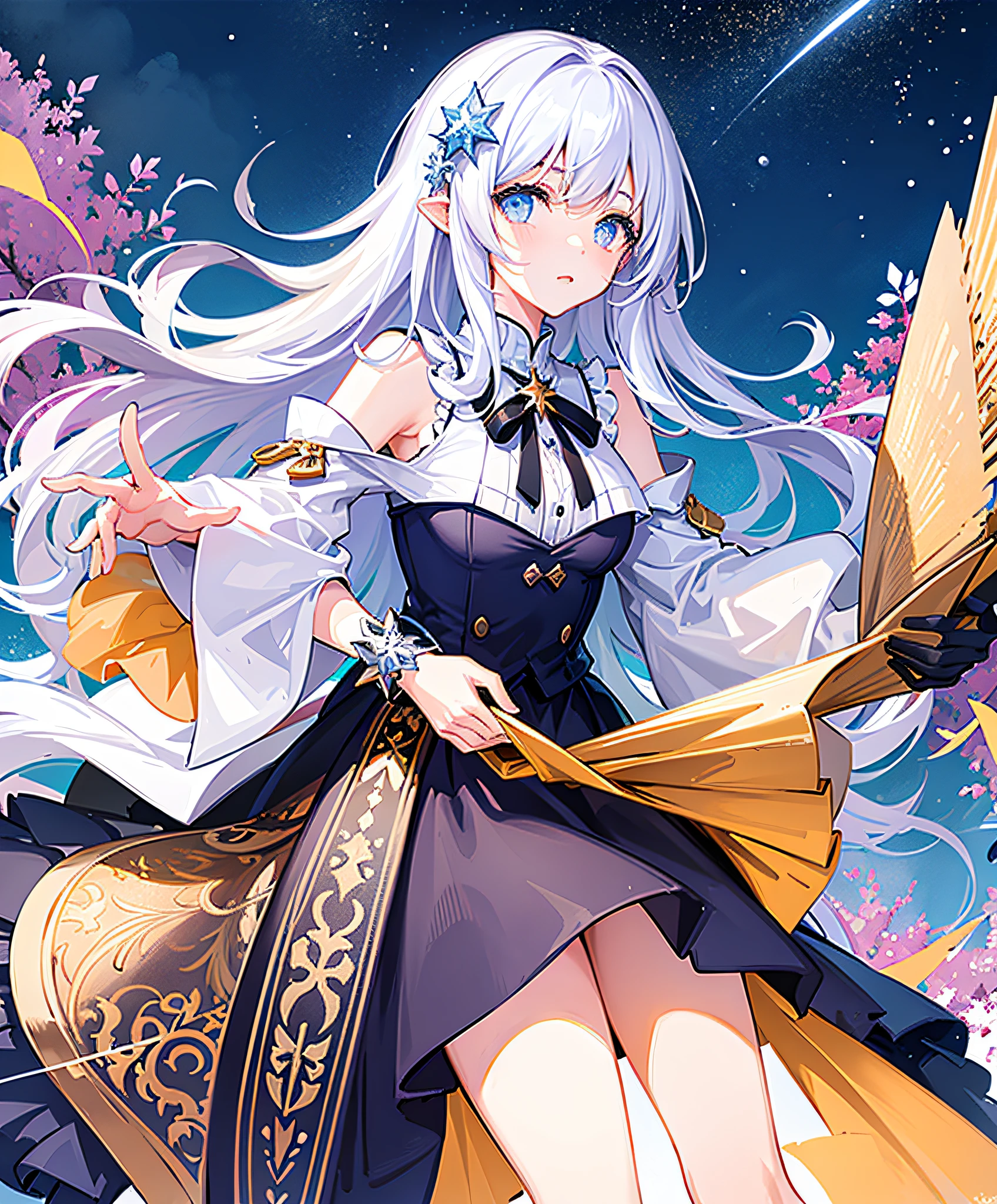 ((best quality)), ((masterpiece)), (ultra-detailed), (illustration), (detailed light), (an extremely delicious and beautiful), a girl, cute face, upper body, two legs, long skirt, (beautiful and detailed eyes), eyes full of stars, messy floating hair, colorful inner hair, Starry sky dotted hair, (lots_of_big_colorful_Bubble), [pearl], [milky way], depth of field, [ice crystal], (snowflake)