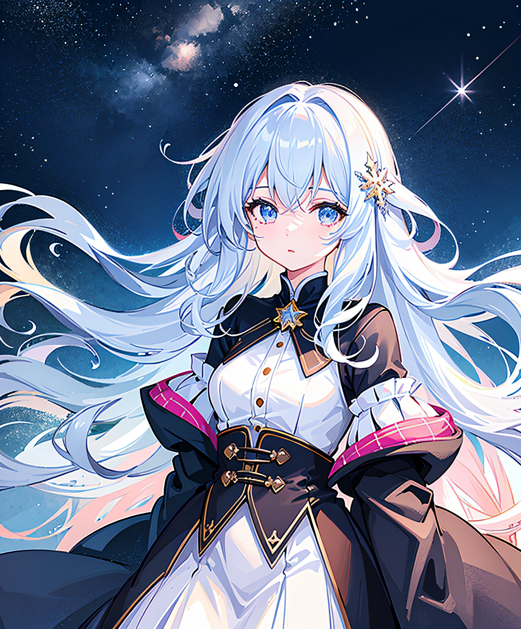 ((best quality)), ((masterpiece)), (ultra-detailed), (illustration), (detailed light), (an extremely delicious and beautiful), a girl, cute face, upper body, two legs, long skirt, (beautiful and detailed eyes), eyes full of stars, messy floating hair, colorful inner hair, Starry sky dotted hair, (lots_of_big_colorful_Bubble), [pearl], [milky way], depth of field, [ice crystal], (snowflake)