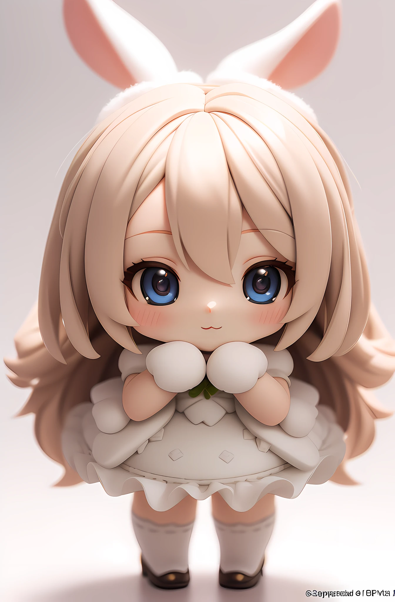 Bunny Morphing Girl, Fluffy, Soft ((Best Quality)), ((Masterpiece)), ( Extreme Detail, Supreme Detail, Official Art, Beauty and Aesthetics:1.2), Depth of Field, Composition, Full Body:1:2, (Chibi), Clean Background, 3D Clay Rendering (Beautiful and Detailed Eyes: 1.3), (Very Happy:1)