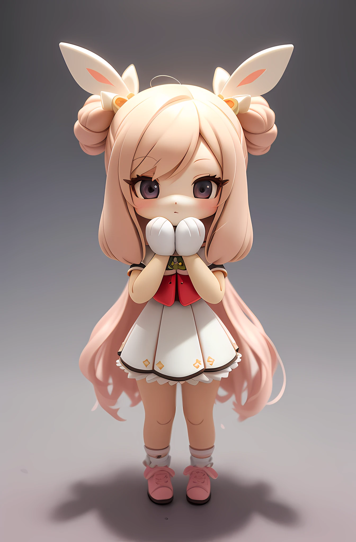 Bunny Morphing Girl, Fluffy, Soft ,((Best Quality)), ((Masterpiece)), ( Extreme Detail, Supreme Detail, Official Art, Beauty and Aesthetics:1.2), Depth of Field, Composition, Full Body 1:2, (Chibi), Clean Background, 3D Clay Rendering, (Beautiful and Detailed Eyes: 1.3), (Very Happy:1)