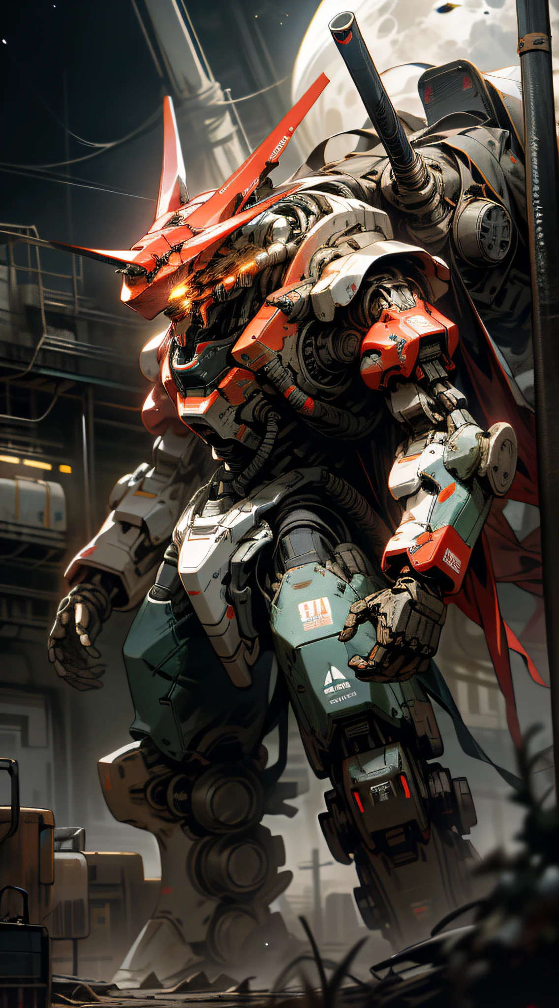 On the Moon, Barren Planet, Ruins, Holding Weapons, No Humans, Glowing, Robots, Buildings, Glowing Eyes, Red Mech, Science Fiction, Reality, Mecha, Galactic Background, Neon, Cyberpunk,