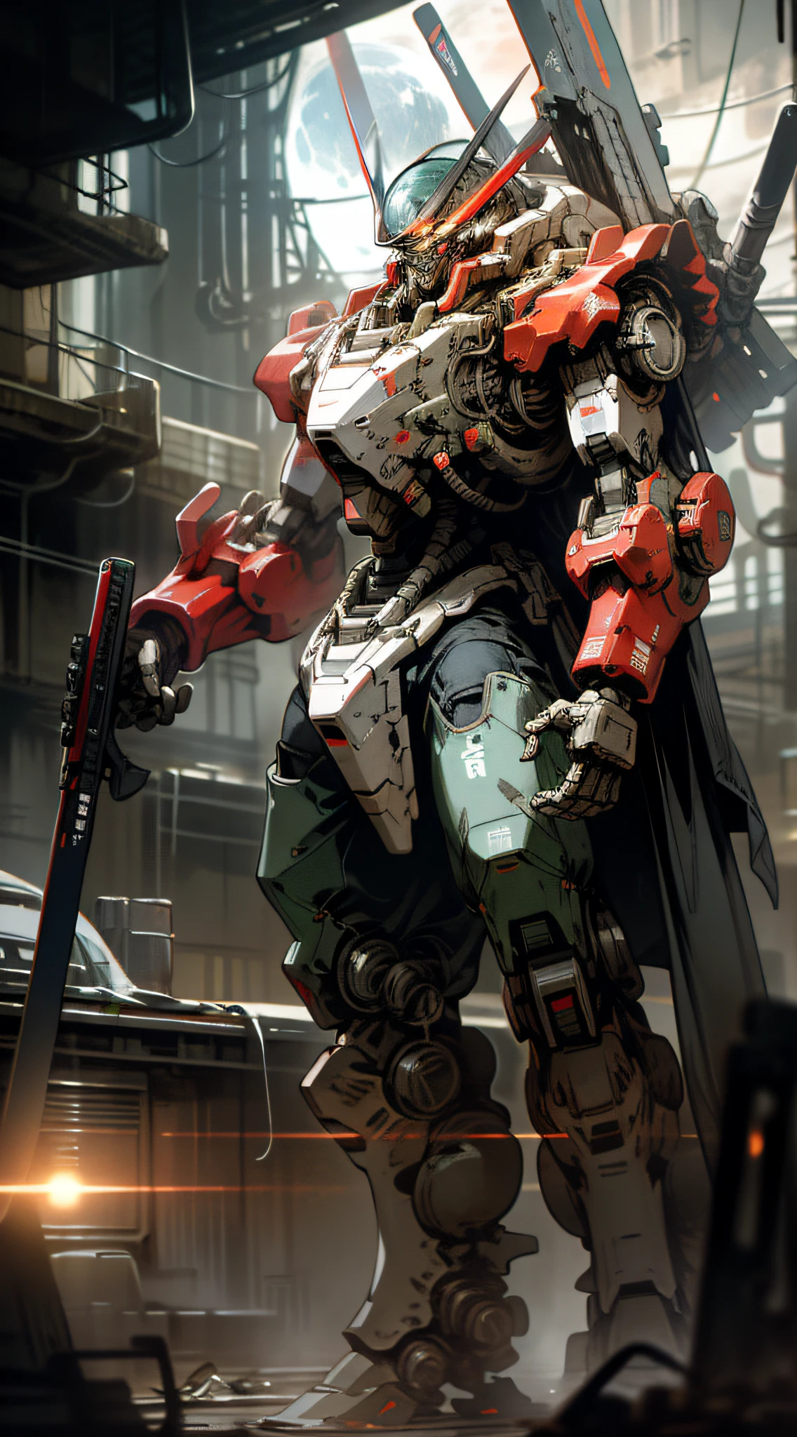 On the Moon, Barren Planet, Ruins, Holding Weapons, No Humans, Glowing, Robots, Buildings, Glowing Eyes, Red Mech, Science Fiction, Reality, Mecha, Galactic Background, Neon, Cyberpunk,