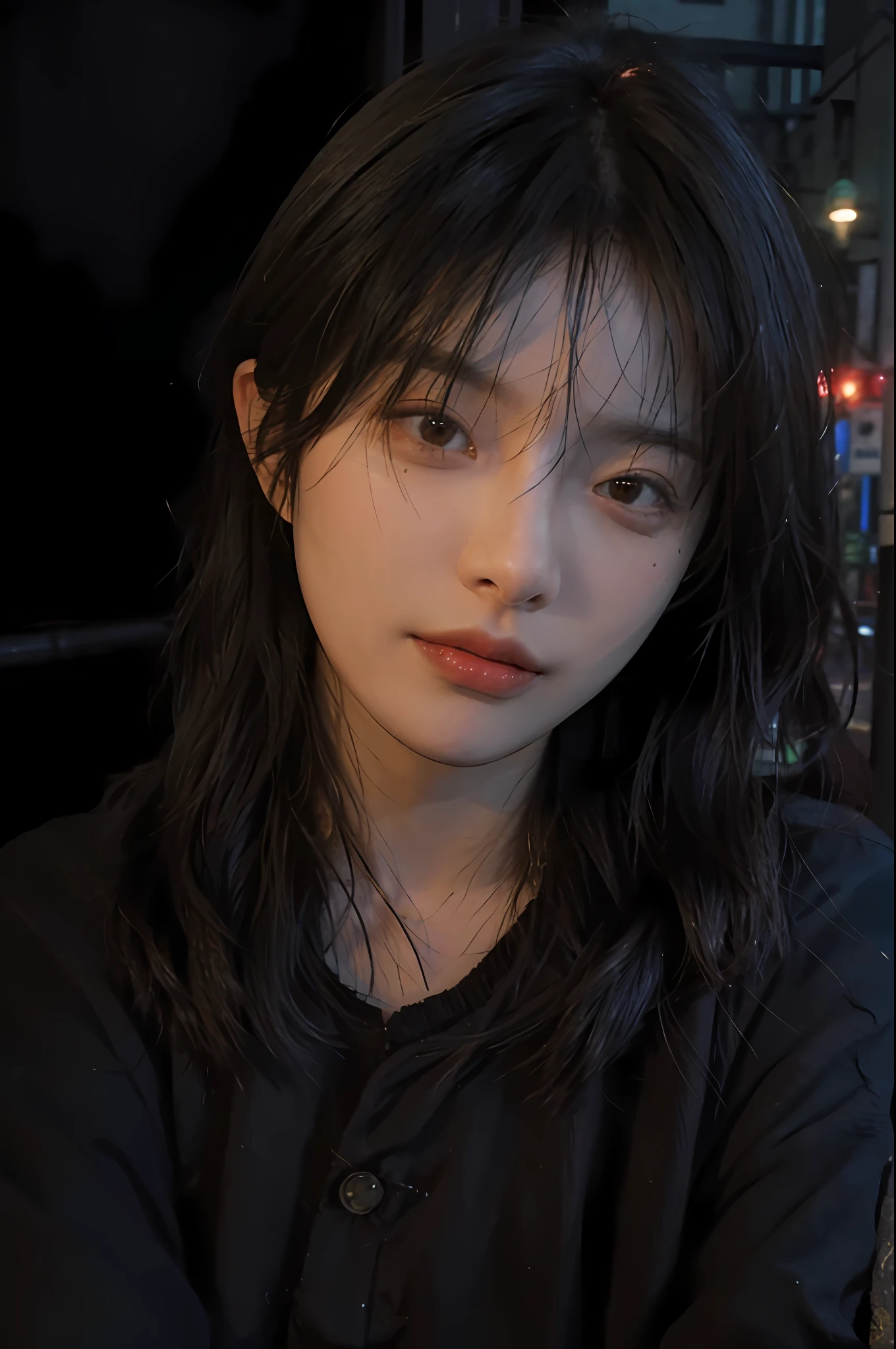 Best quality, masterpiece,..night,.city,..1girl,.(Authentic skin texture:1.3),.close-up,.face focus,.upper body,.selfie,..