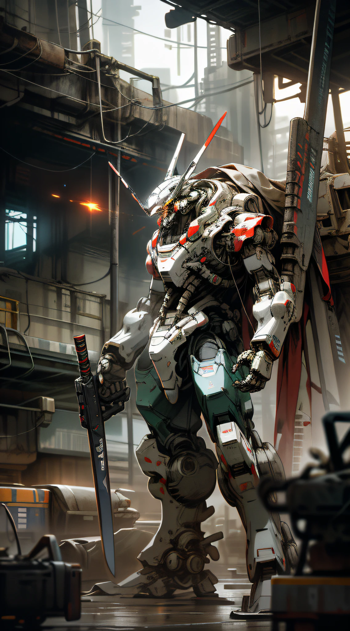 On the Moon, Barren Planet, Ruins, Holding Weapons, No Humans, Glowing, Robots, Buildings, Glowing Eyes, Red Mech, Science Fiction, Reality, Mecha, Galactic Background, Neon, Cyberpunk,