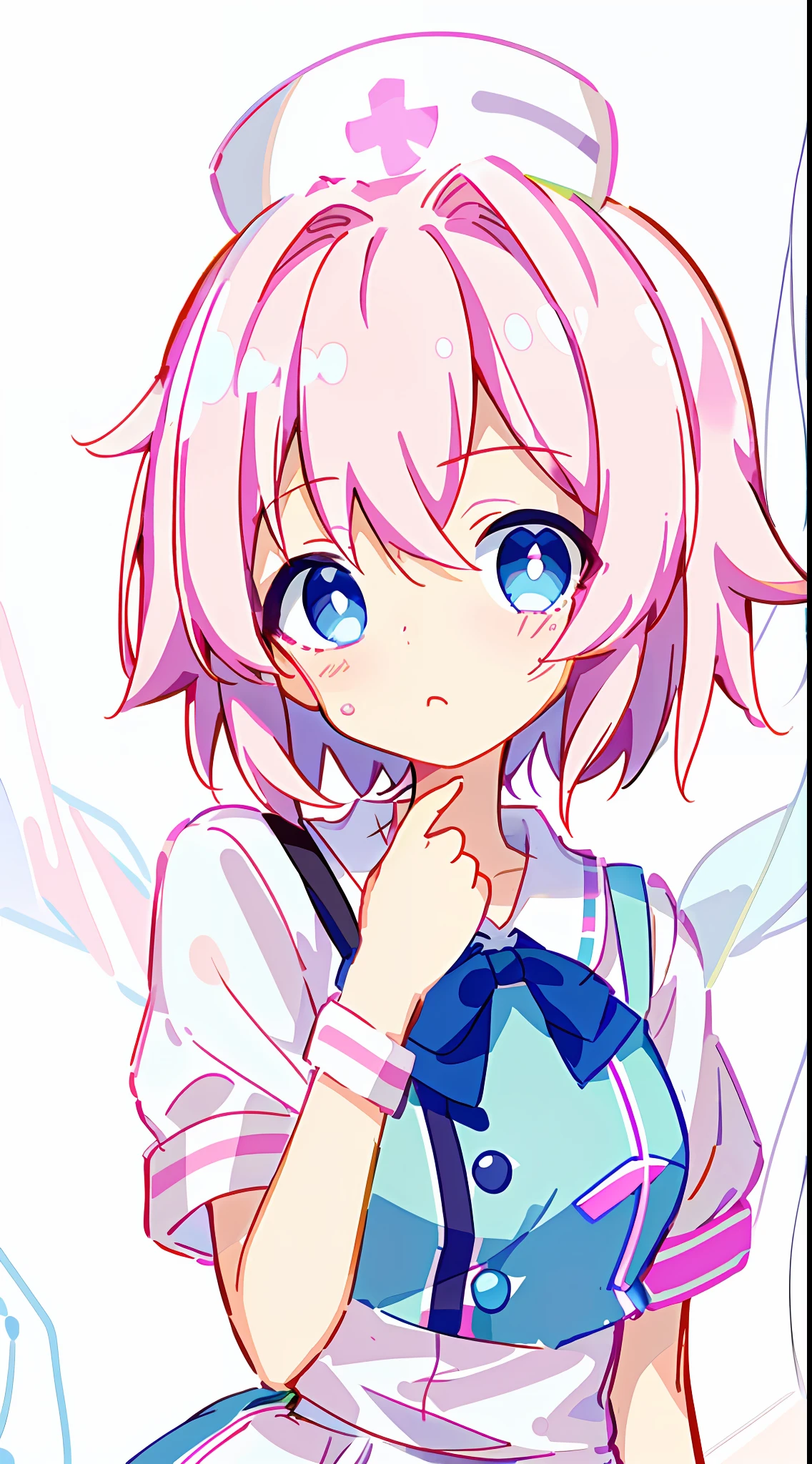 simple girl In the style of 80's citypop and vaporwave, The SCREAM, beautiful nurse girl, pink short hair, Tears, blushes, sweat, panic, White Blue effect gradation background --niji 5