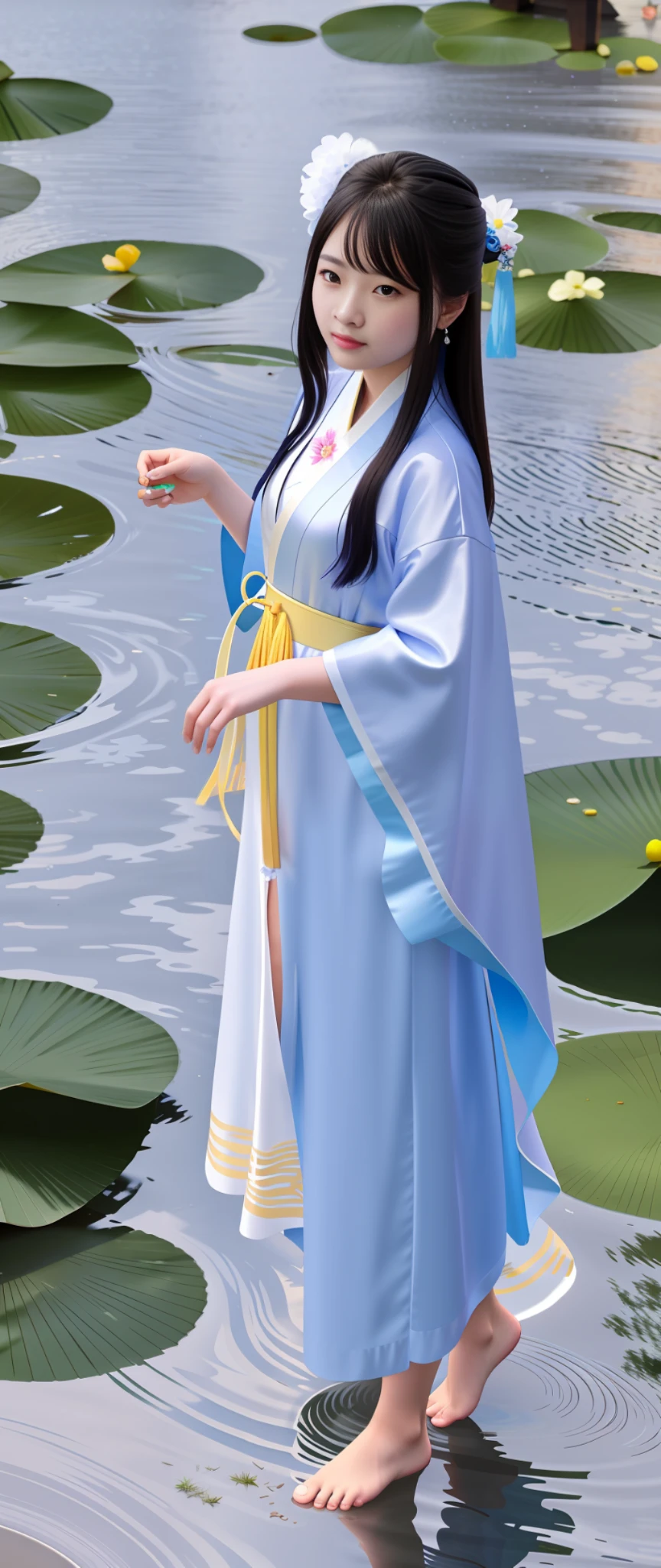 arafed woman in a blue dress standing in the water, hanfu, palace , a girl in hanfu, white hanfu, flowing magical robe, wearing ancient chinese clothes, wearing a luxurious silk cloak, with acient chinese clothes, flowing robes, wearing a long flowing robe, pale and coloured kimono, traditional chinese clothing, full body xianxia --auto --s2