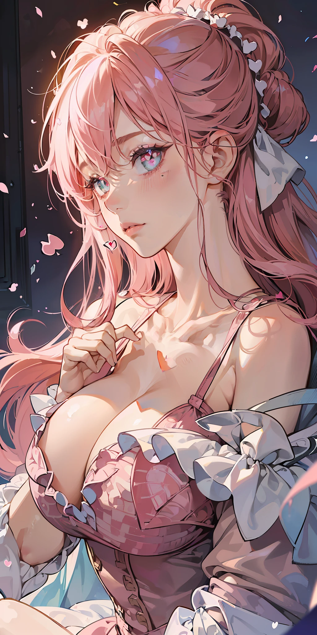 Masterpiece, Top Quality, Ultra Detail, Illustration,(1girl),Beautiful Detailed Eyes, (Show Viewer:1.4), (Heart-shaped Pupil:1.4), Blushing, Estrus, Close-up, (Chest Focus), (Back Arm:1.2), (From Top:1.1), Pink Hair, ((Big:2.0)), (Chest Out:1.3), (Off-Shoulder:1.1), Undergarment, --auto --s2