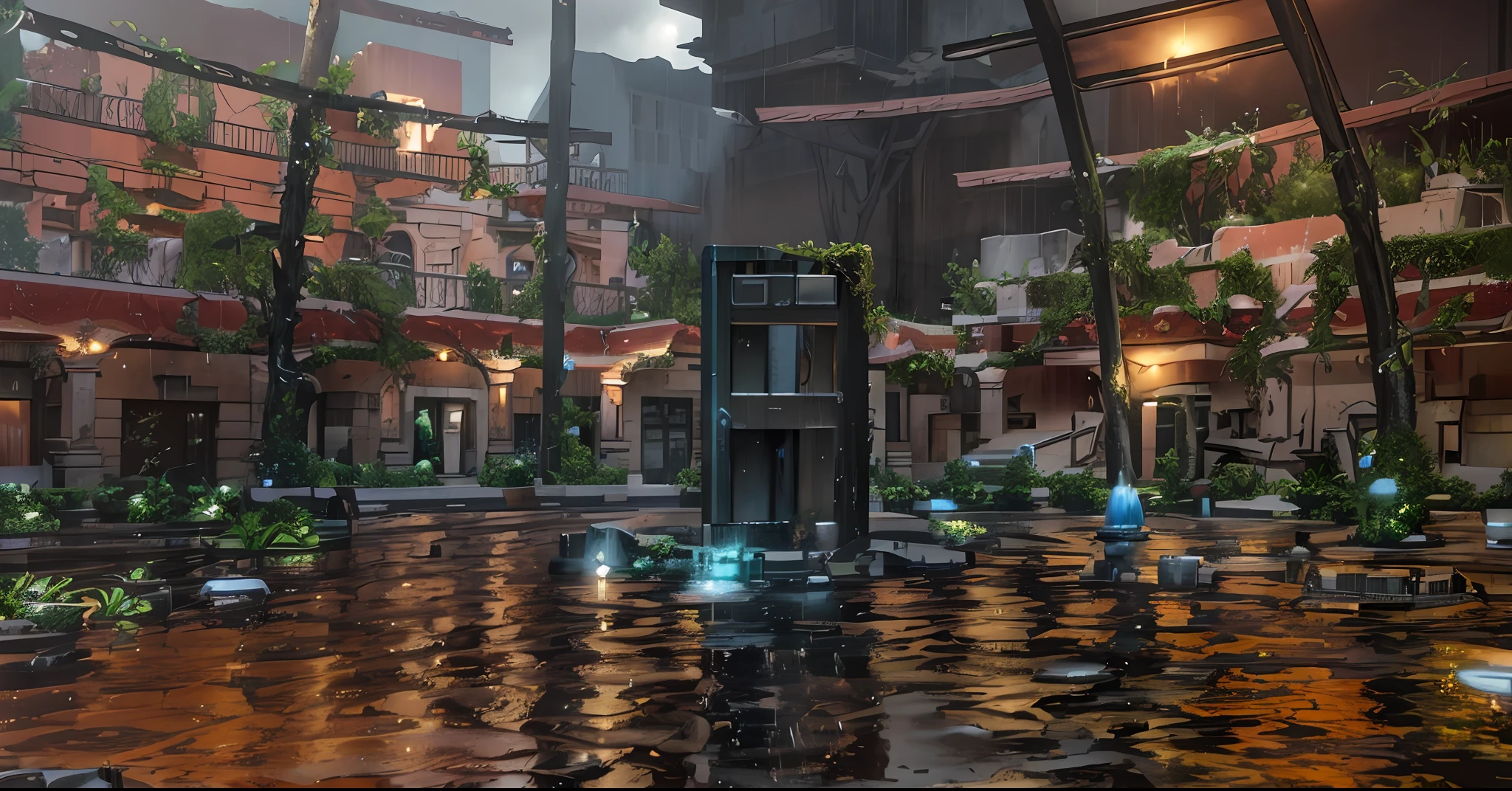 there is a fountain in a courtyard with a building in the background, created in unreal engine 5, flooded city, in the art style of filip hodas, highly detailed surreal vfx, unreal engine. retro film still, summer unreal engine 5, surreal 3 d render, rainy day. game render, hdr render in unreal engine 5, rendered in unreal 5