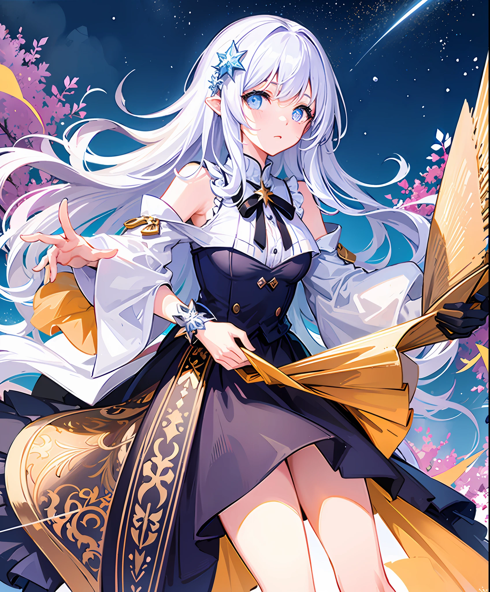((best quality)), ((masterpiece)), (ultra-detailed), (illustration), (detailed light), (an extremely delicious and beautiful), a girl, cute face, upper body, two legs, long skirt, (beautiful and detailed eyes), eyes full of stars, messy floating hair, colorful inner hair, Starry sky dotted hair, (lots_of_big_colorful_Bubble), [pearl], [milky way], depth of field, [ice crystal], (snowflake)