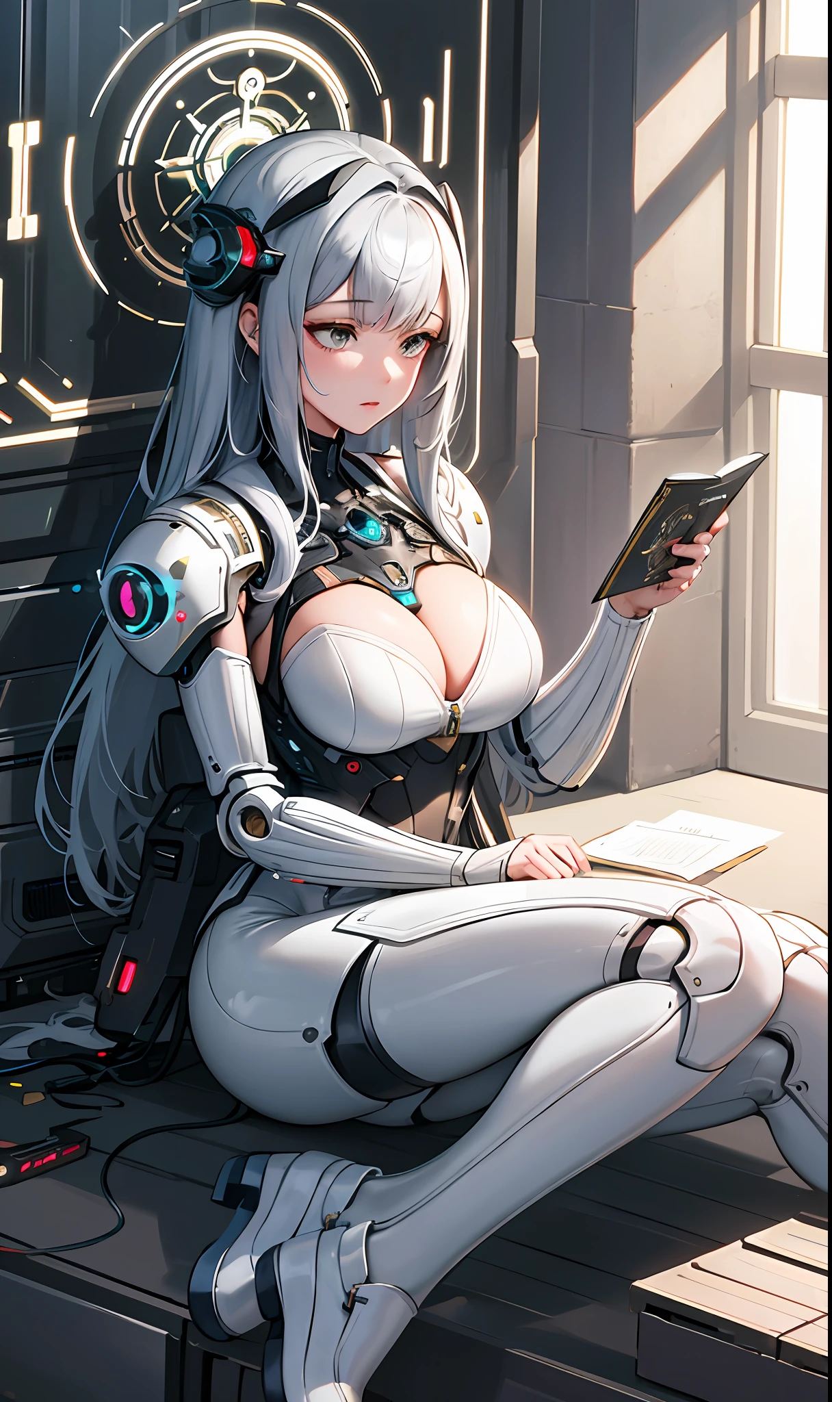 Intricate 3d rendering of highly detailed beautiful ceramic silhouette female robot face, cyborg, robotic parts, 150 mm, beautiful studio soft light, rim light, vibrant details, luxury cyberpunk, lace, surreal, anatomy , Facial Muscles, Cable Wires, Microchip, Elegant, Beautiful Background, Octane Rendering, HR Giger Style, 8k, Best Quality, Masterpiece, Illustration, Very Delicate and Beautiful, Very Detailed, CG, Uniform, Wallpaper, (fidelity, fidelity: 1.37), amazing, fine detail, masterpiece, best quality, official art, very detailed cg unity 8k wallpaper, absurd, unbelievably absurd, robot, silver helmet, full body , sit and write