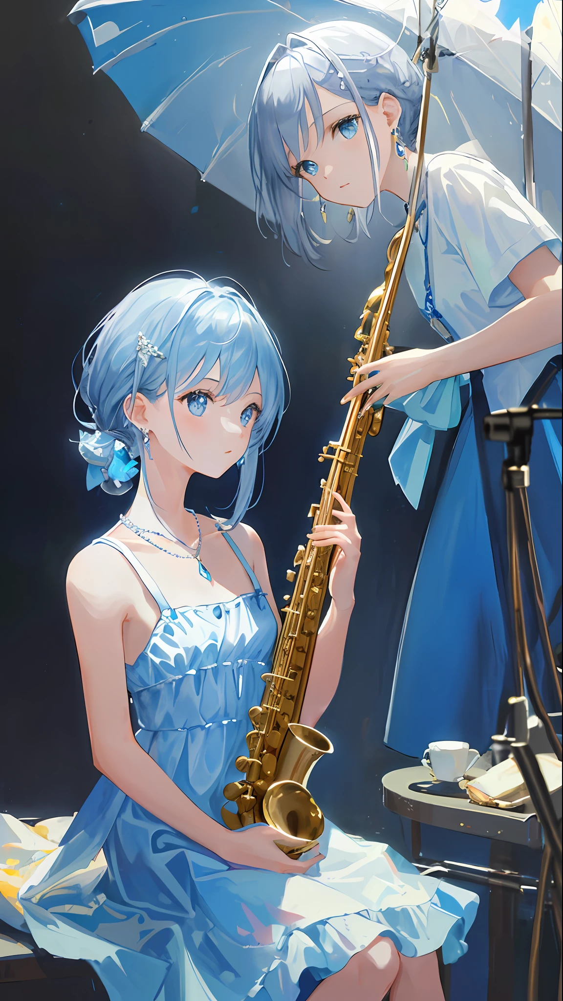 Masterpiece, Superb Painting, Saxophone Blue, Platinum Earrings, Platinum Necklace, White Dress, 1girl, Cute, (Dynamic Light: 1.2), Sitting on the Ground, Cinematic Light, Many Little Gems